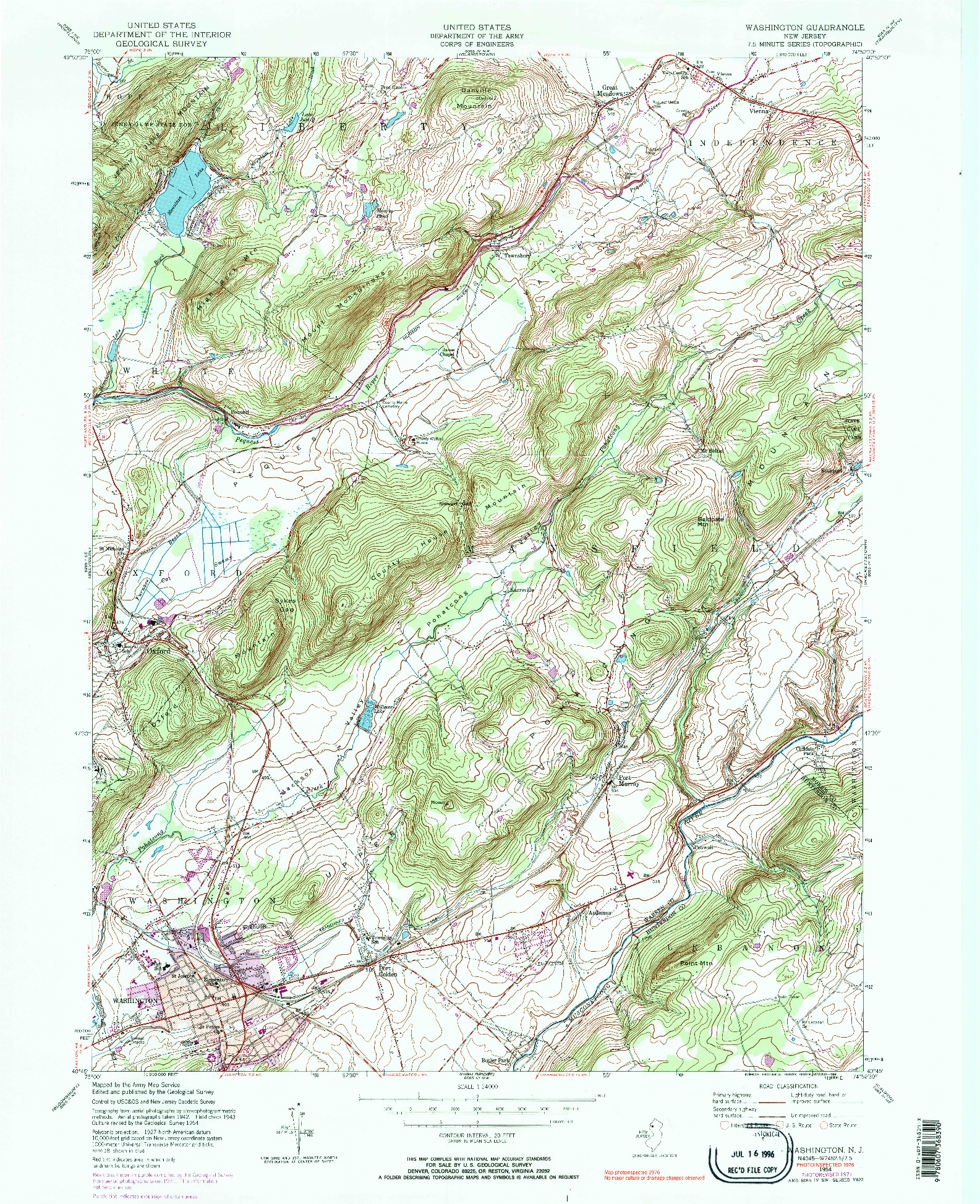 USGS 1:24000-SCALE QUADRANGLE FOR WASHINGTON, NJ 1954