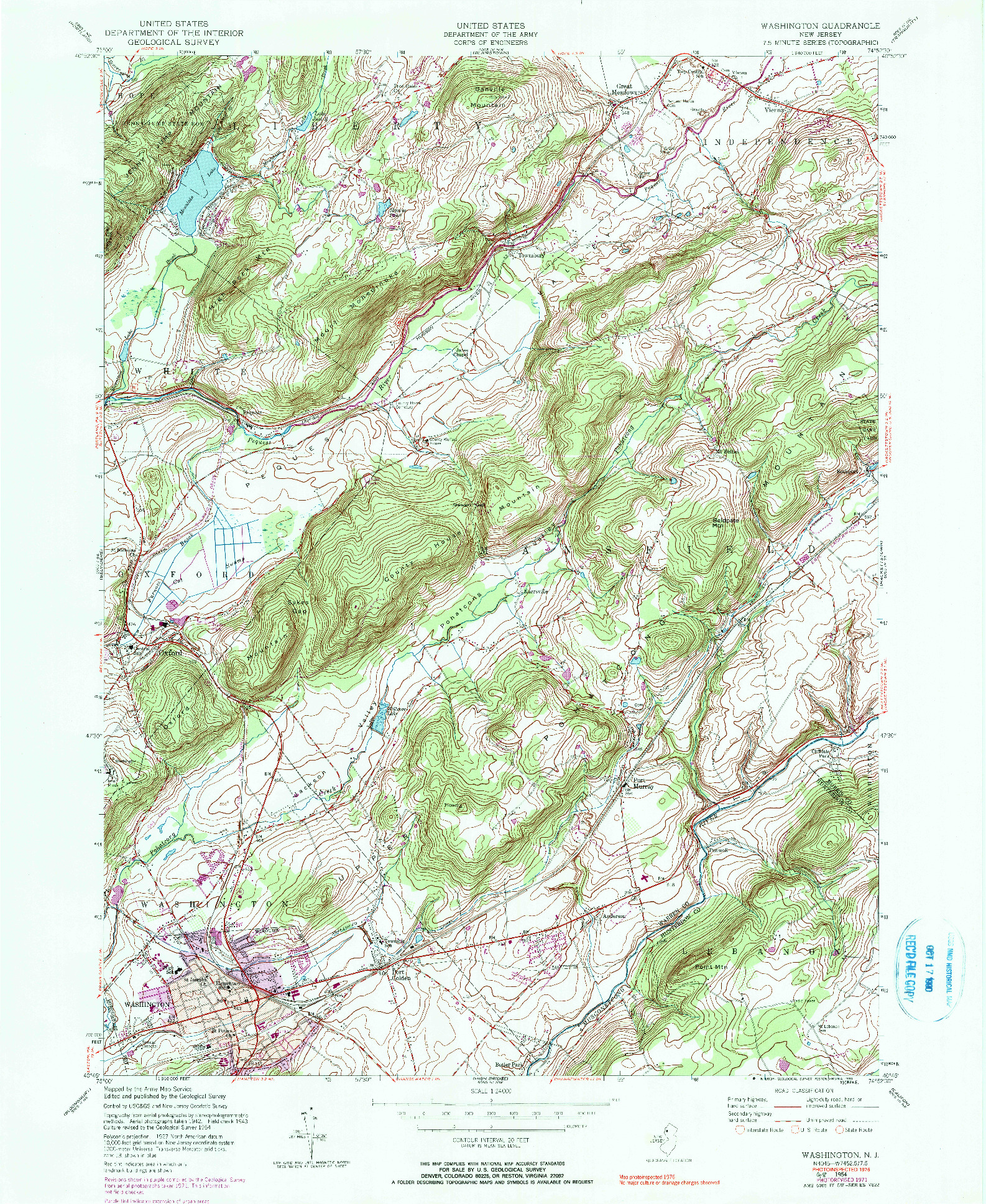 USGS 1:24000-SCALE QUADRANGLE FOR WASHINGTON, NJ 1954