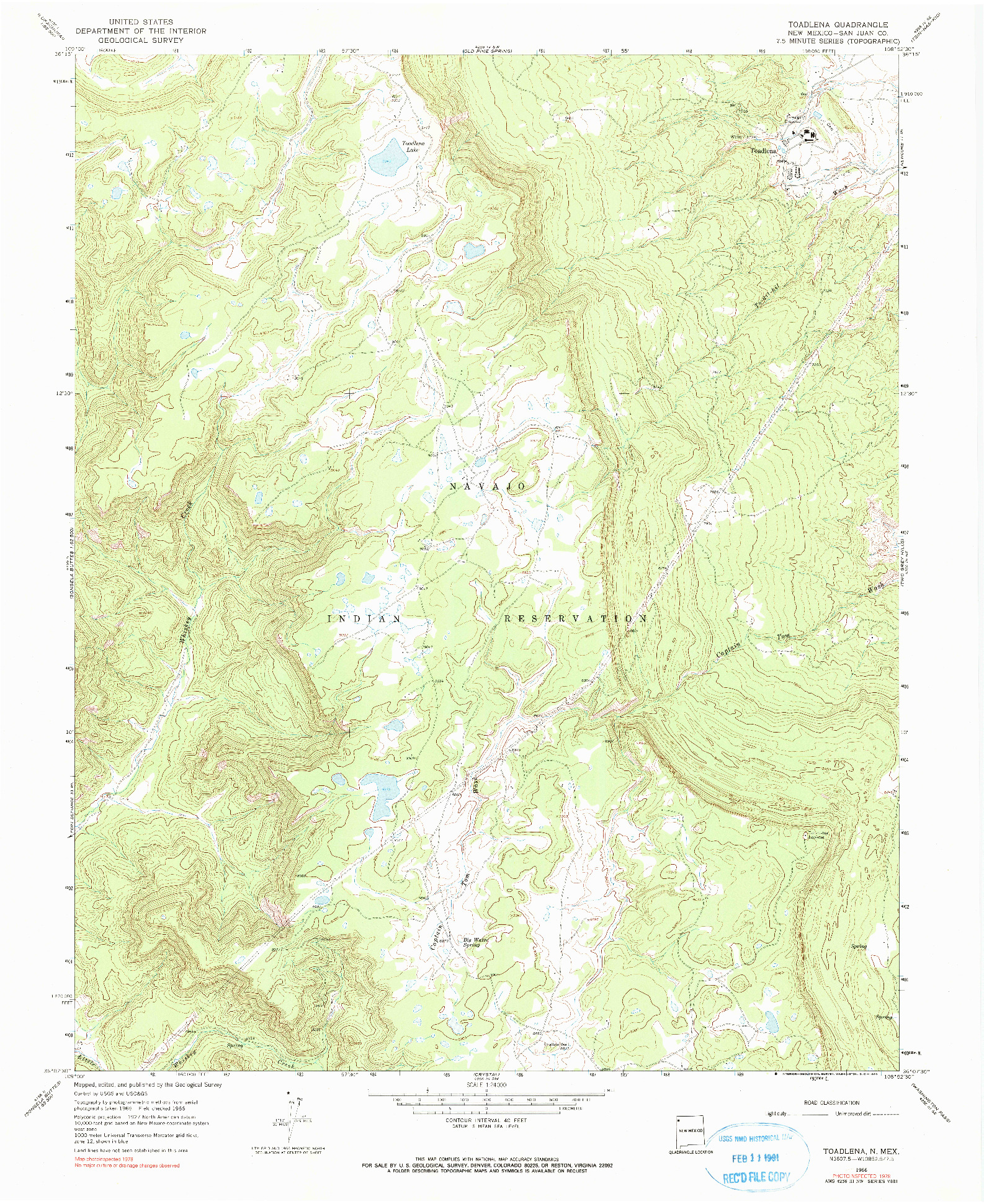 USGS 1:24000-SCALE QUADRANGLE FOR TOADLENA, NM 1966