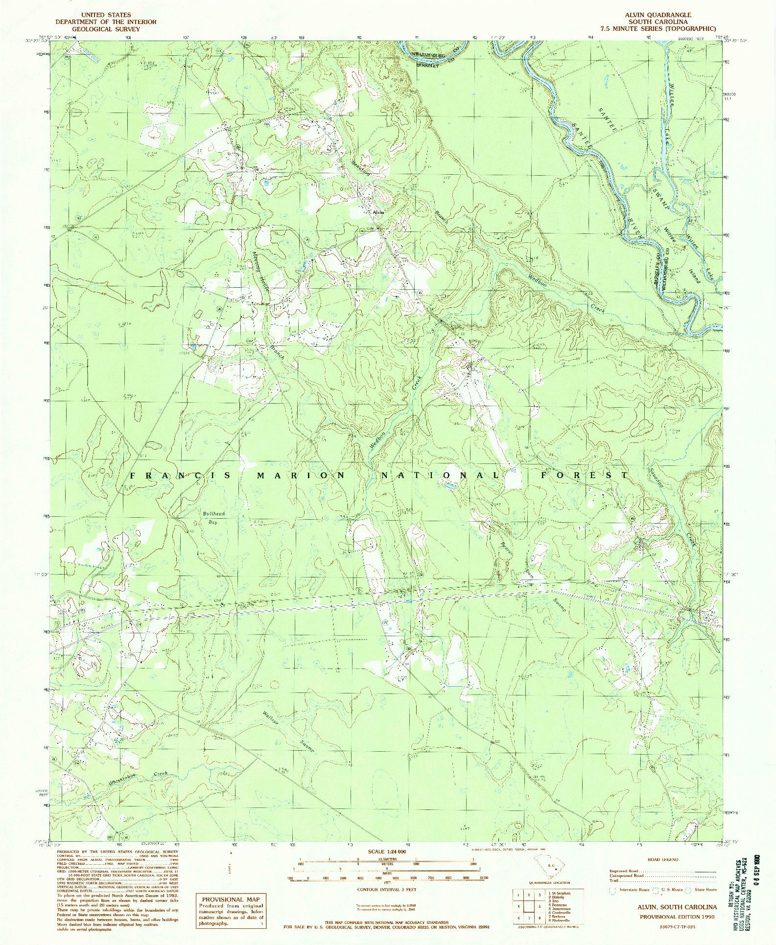USGS 1:24000-SCALE QUADRANGLE FOR ALVIN, SC 1990