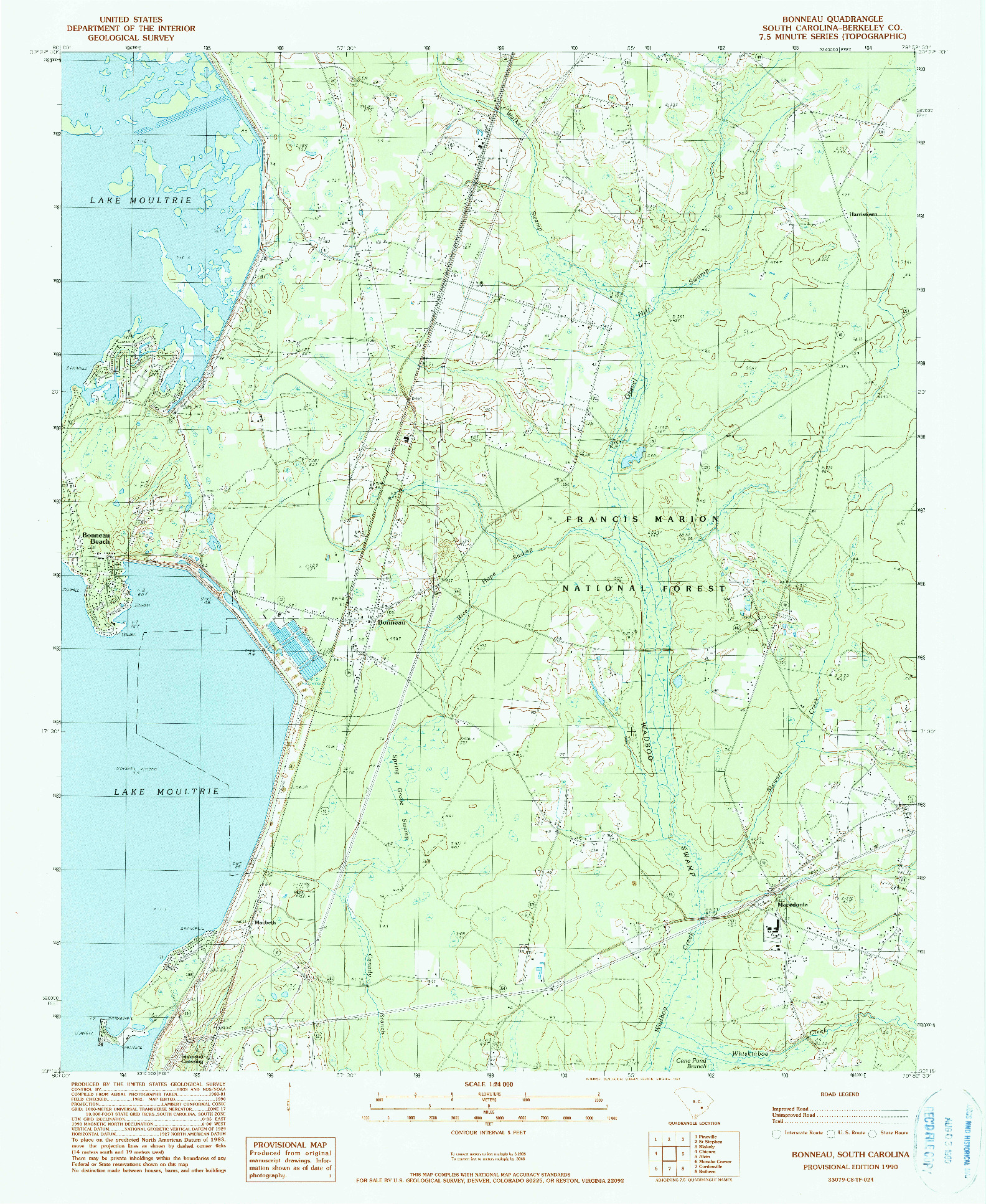 USGS 1:24000-SCALE QUADRANGLE FOR BONNEAU, SC 1990