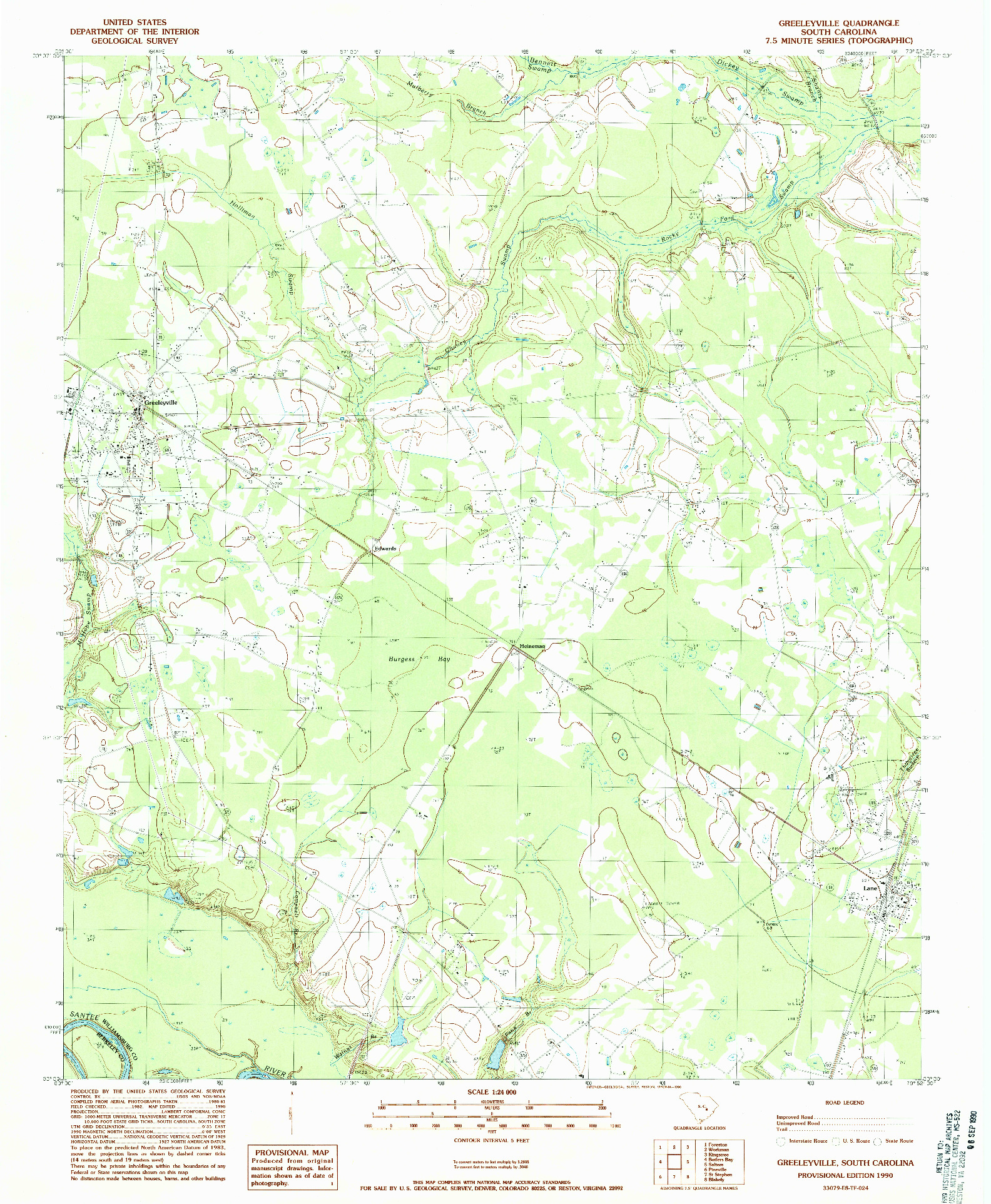 USGS 1:24000-SCALE QUADRANGLE FOR GREELEYVILLE, SC 1990