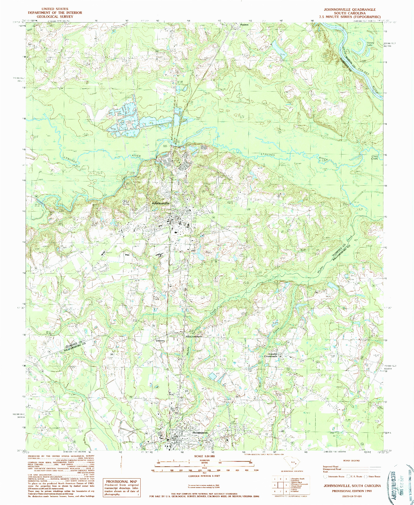 USGS 1:24000-SCALE QUADRANGLE FOR JOHNSONVILLE, SC 1990