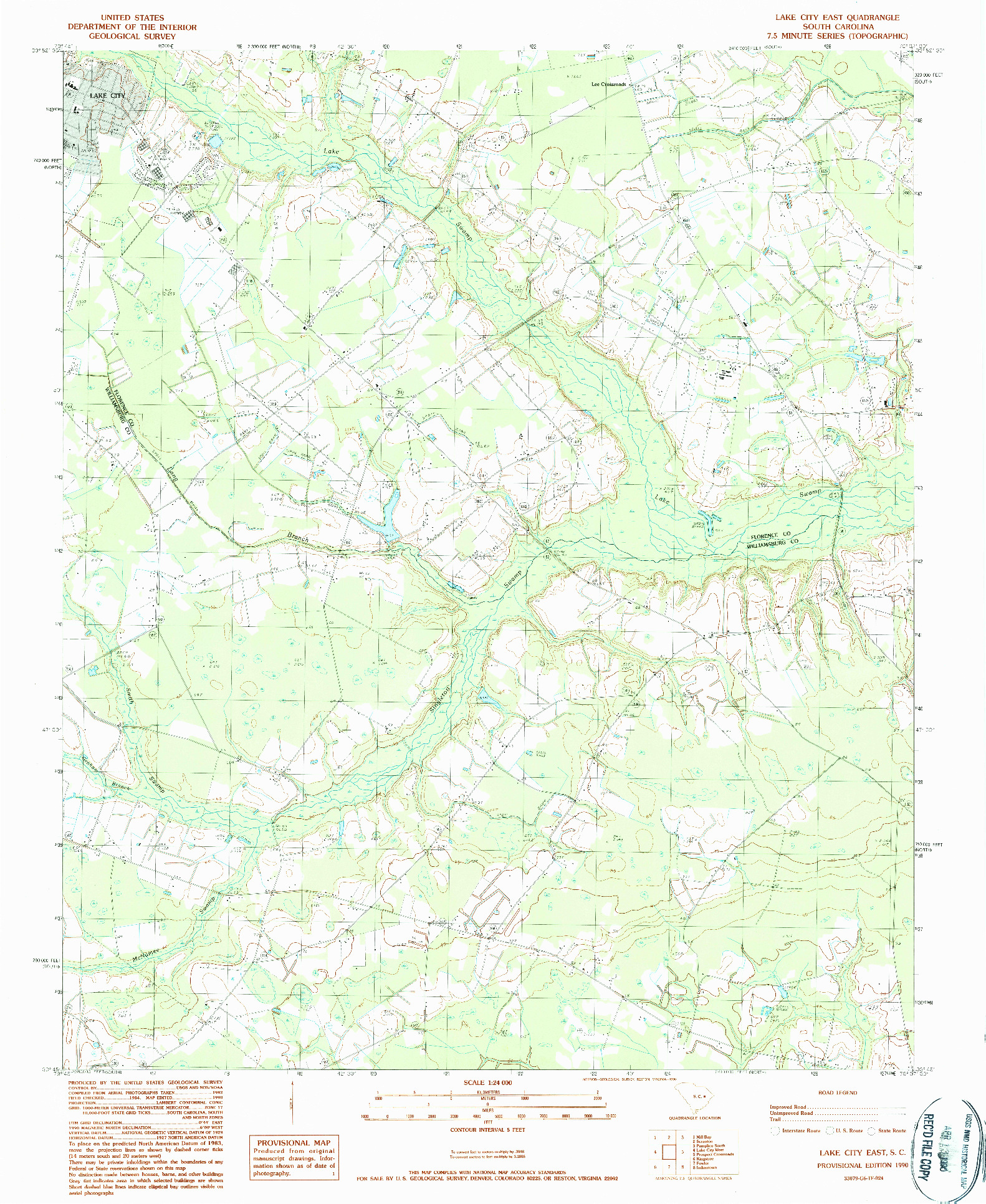 USGS 1:24000-SCALE QUADRANGLE FOR LAKE CITY EAST, SC 1990