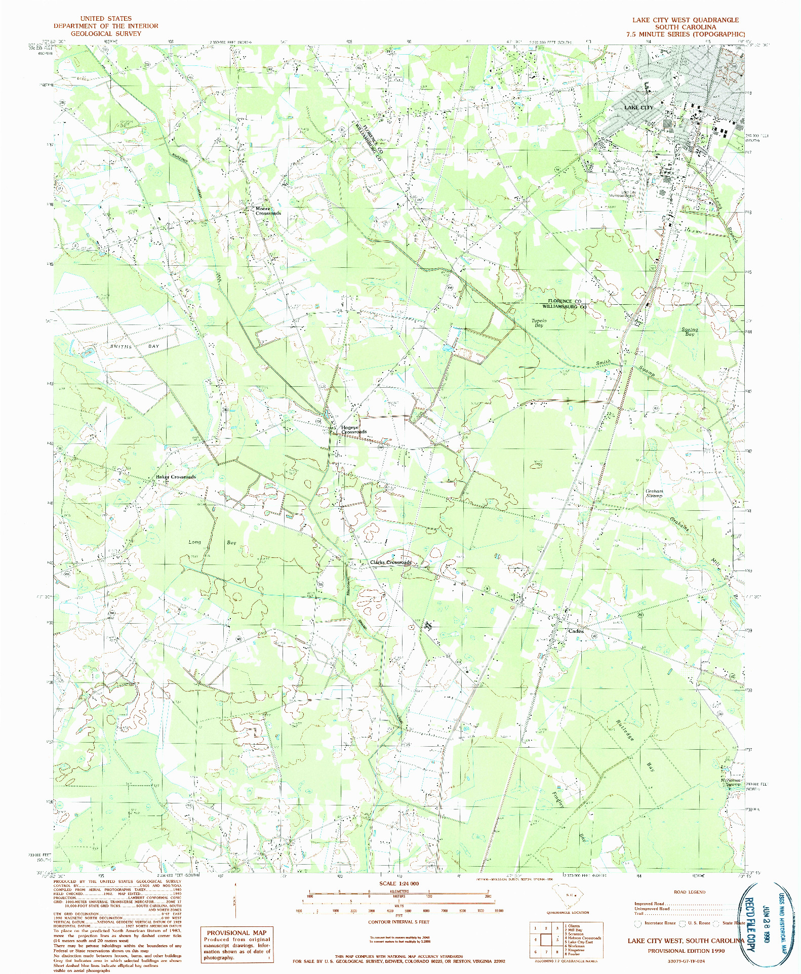 USGS 1:24000-SCALE QUADRANGLE FOR LAKE CITY WEST, SC 1990