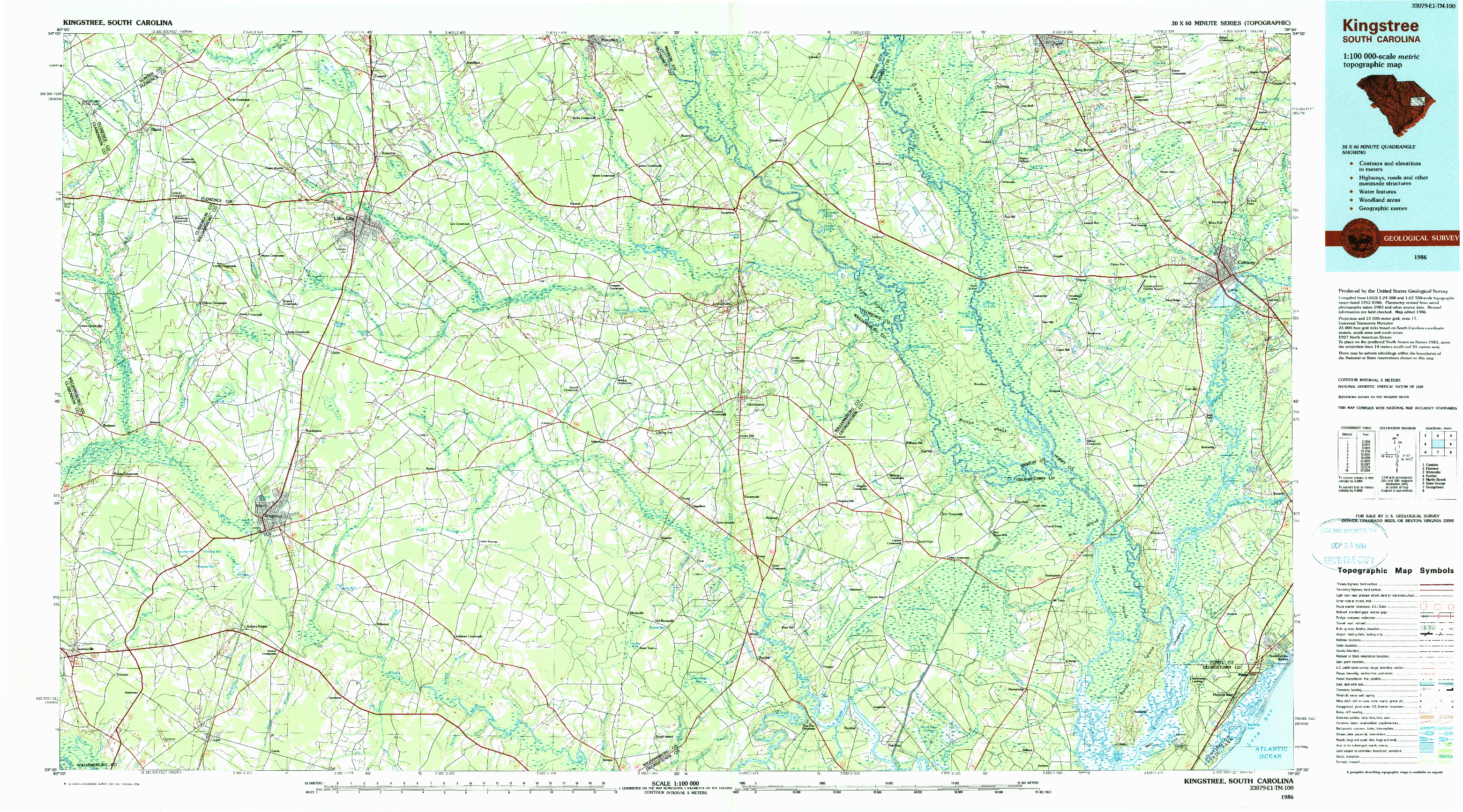 USGS 1:100000-SCALE QUADRANGLE FOR KINGSTREE, SC 1986