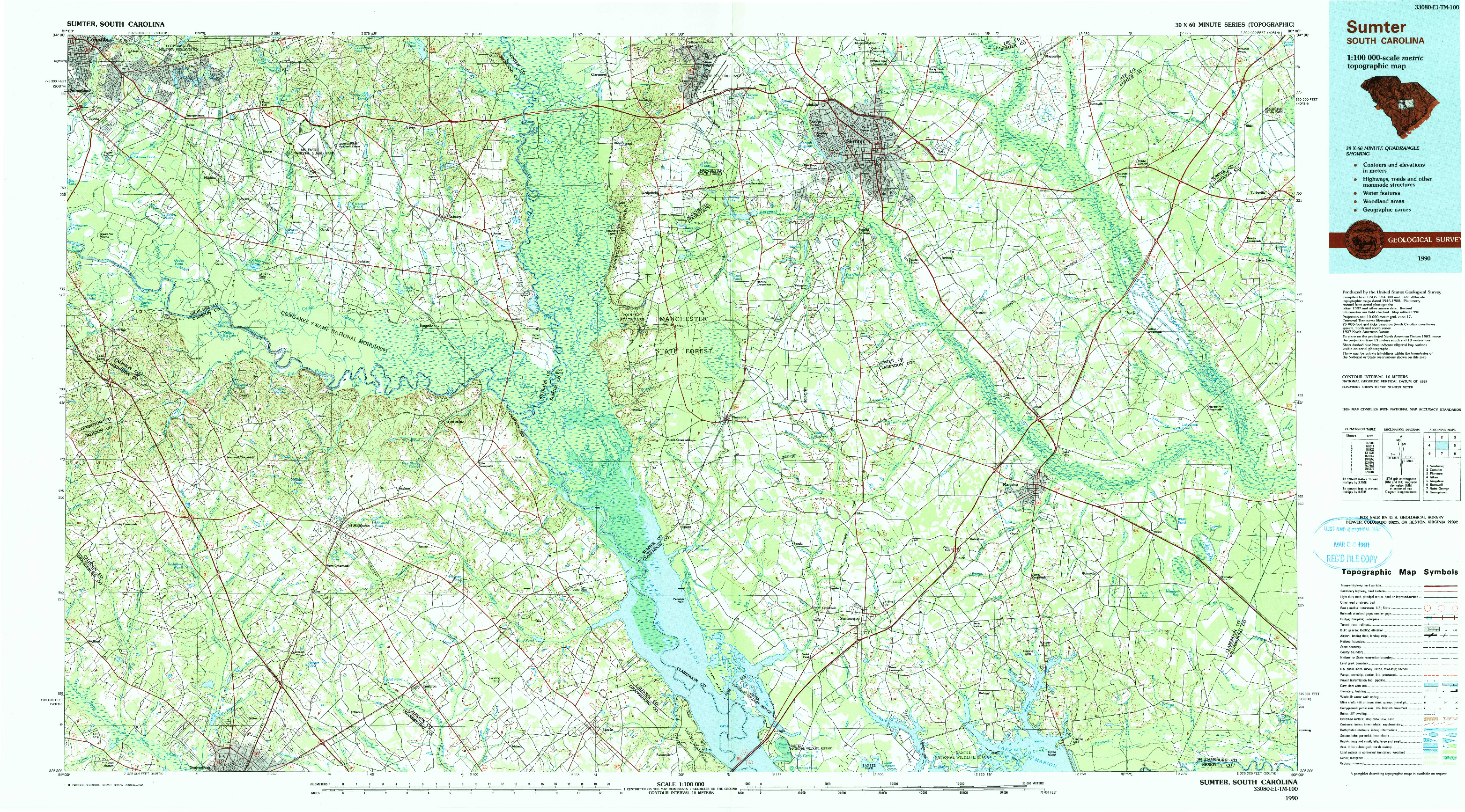 USGS 1:100000-SCALE QUADRANGLE FOR SUMTER, SC 1990