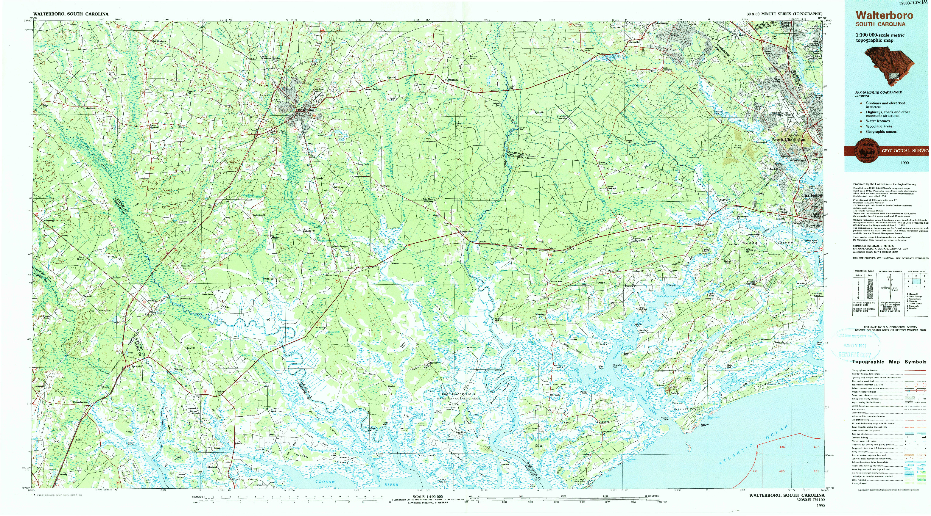 USGS 1:100000-SCALE QUADRANGLE FOR WALTERBORO, SC 1990