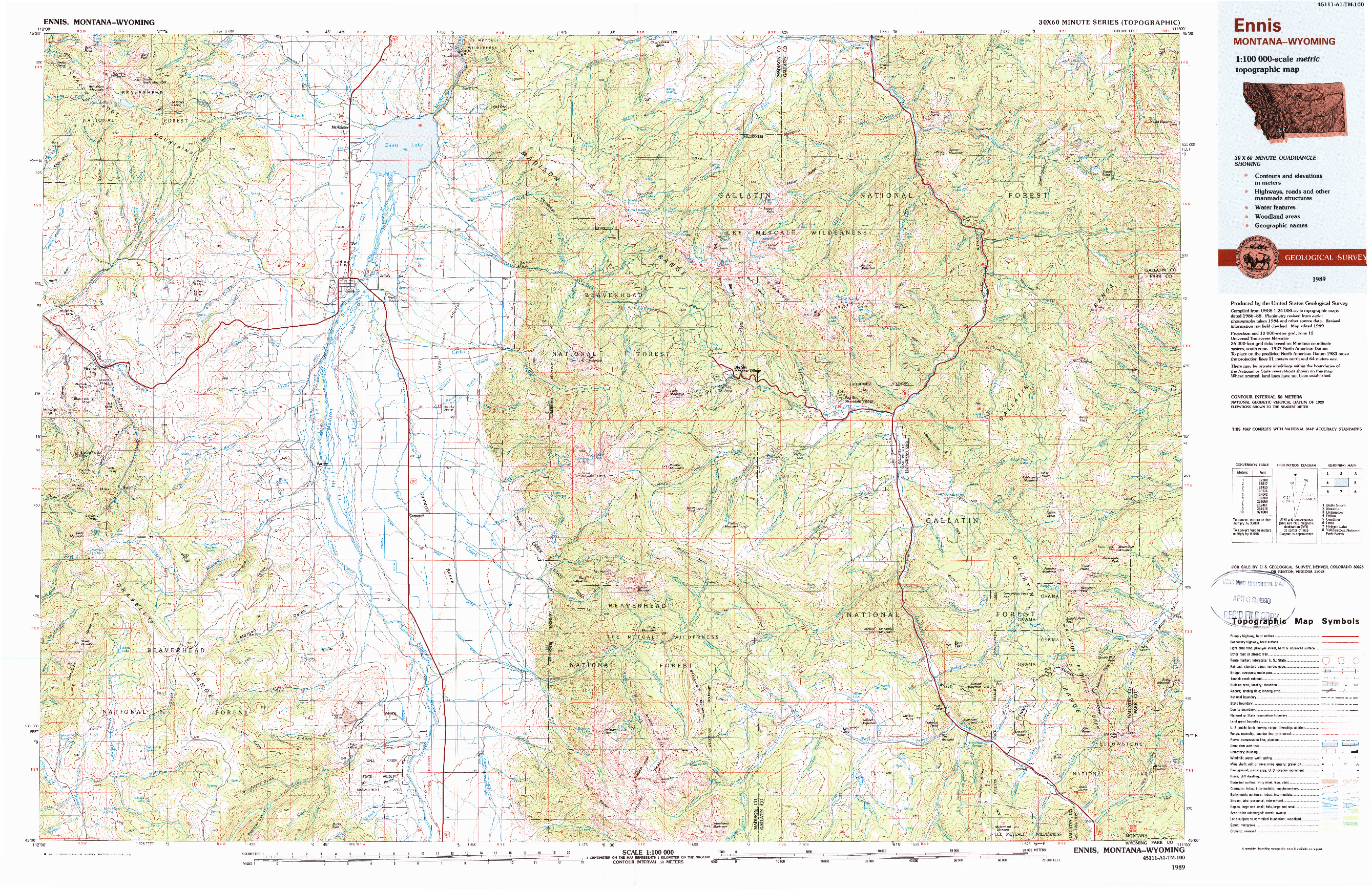 USGS 1:100000-SCALE QUADRANGLE FOR ENNIS, MT 1989