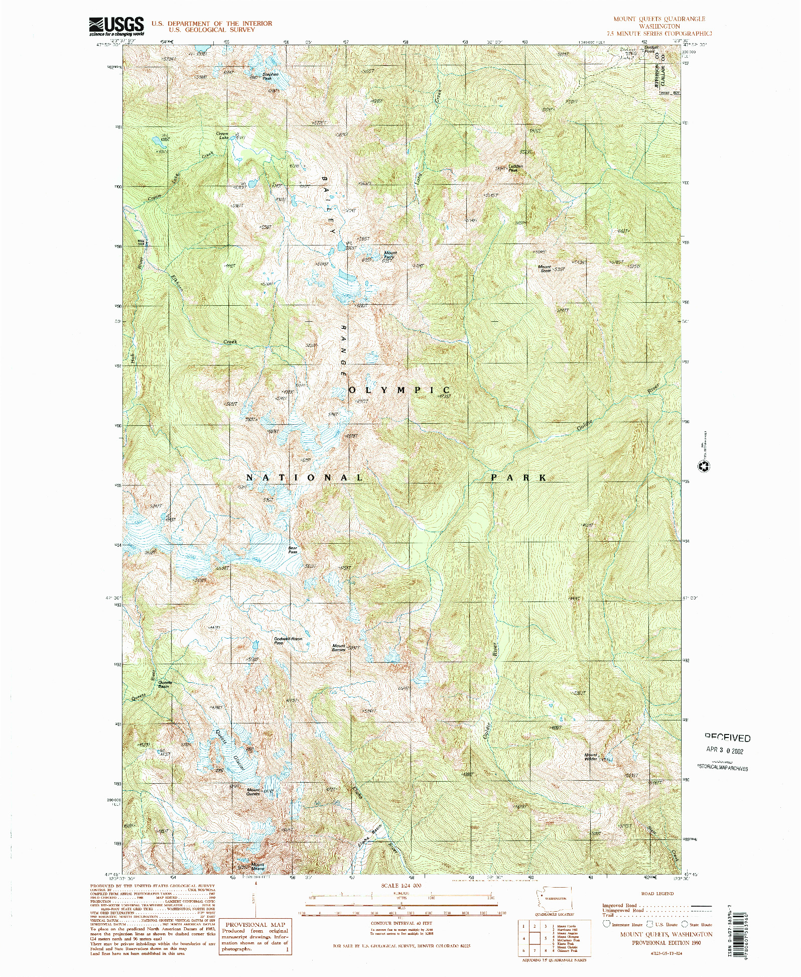 USGS 1:24000-SCALE QUADRANGLE FOR MOUNT QUEETS, WA 1990