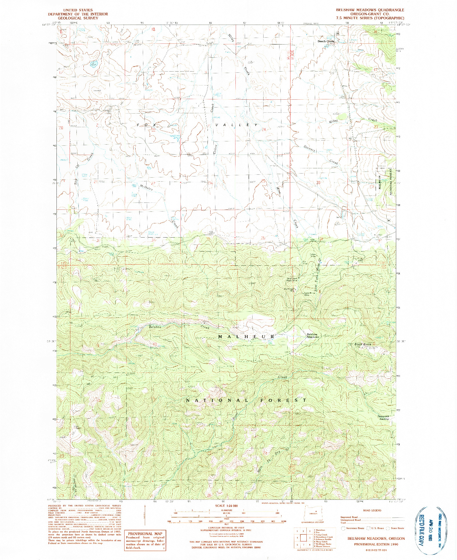 USGS 1:24000-SCALE QUADRANGLE FOR BELSHAW MEADOWS, OR 1990