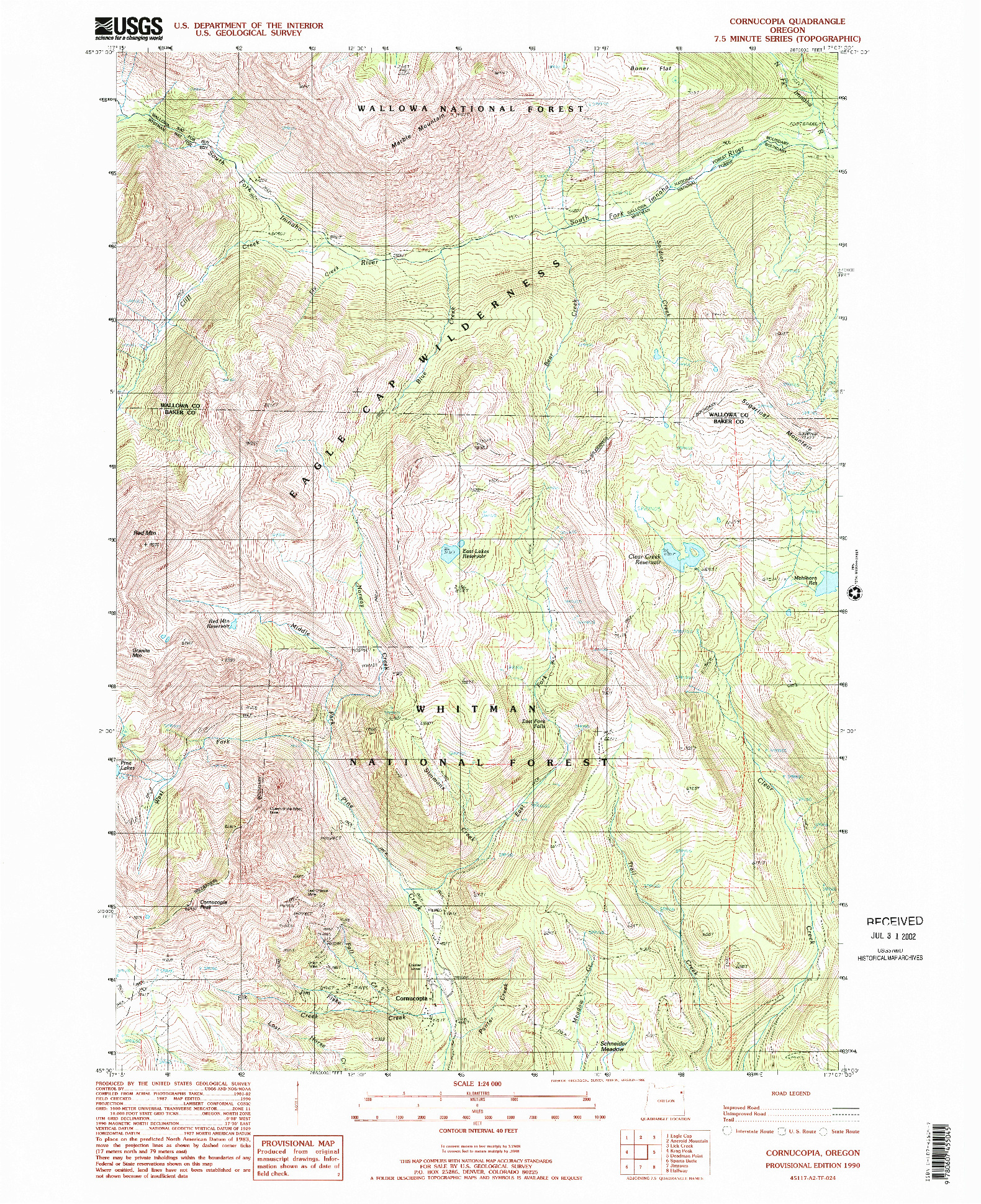 USGS 1:24000-SCALE QUADRANGLE FOR CORNUCOPIA, OR 1990