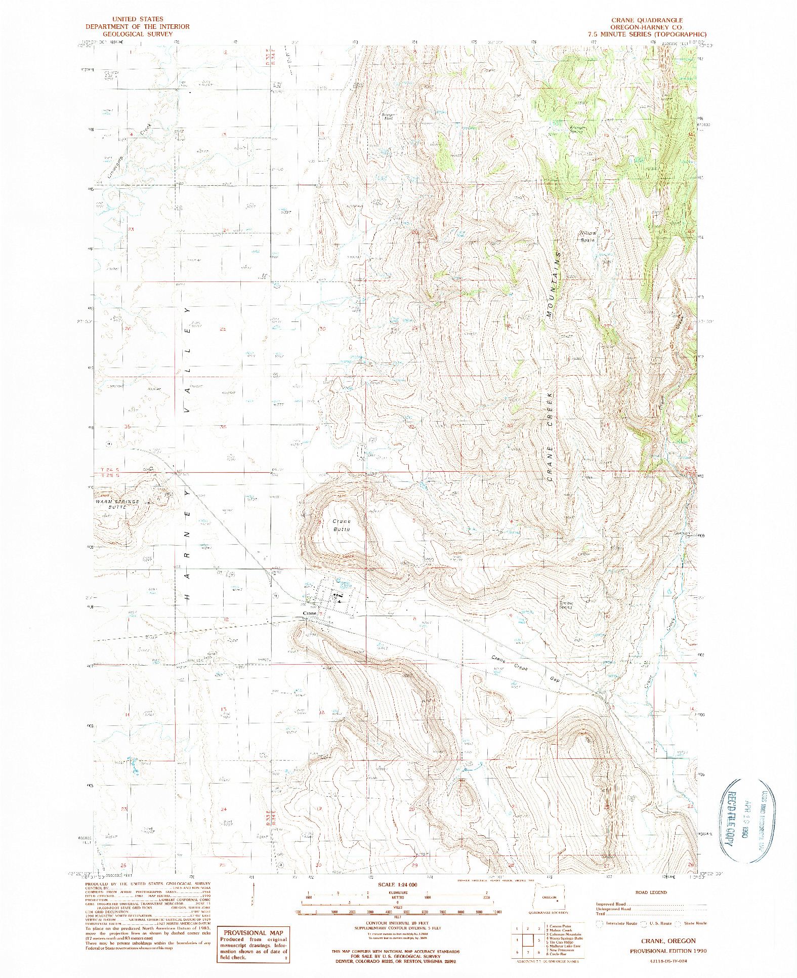 USGS 1:24000-SCALE QUADRANGLE FOR CRANE, OR 1990