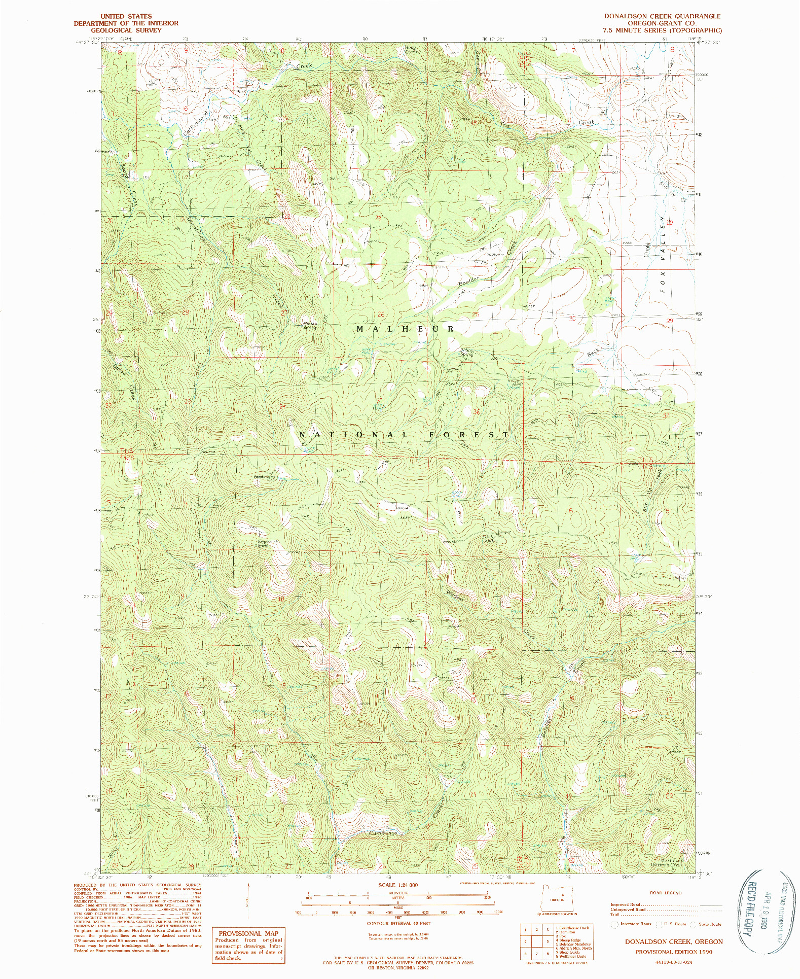 USGS 1:24000-SCALE QUADRANGLE FOR DONALDSON CREEK, OR 1990