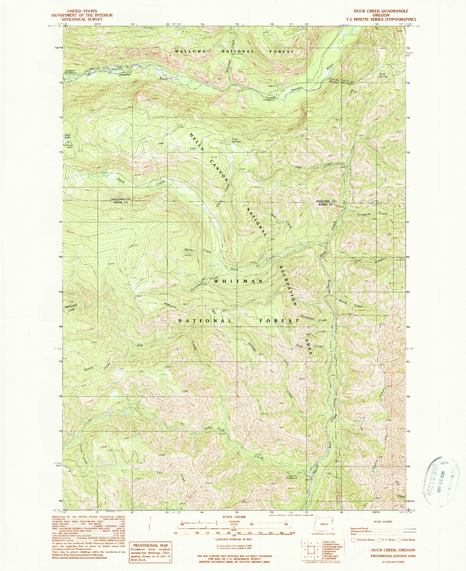 USGS 1:24000-SCALE QUADRANGLE FOR DUCK CREEK, OR 1990