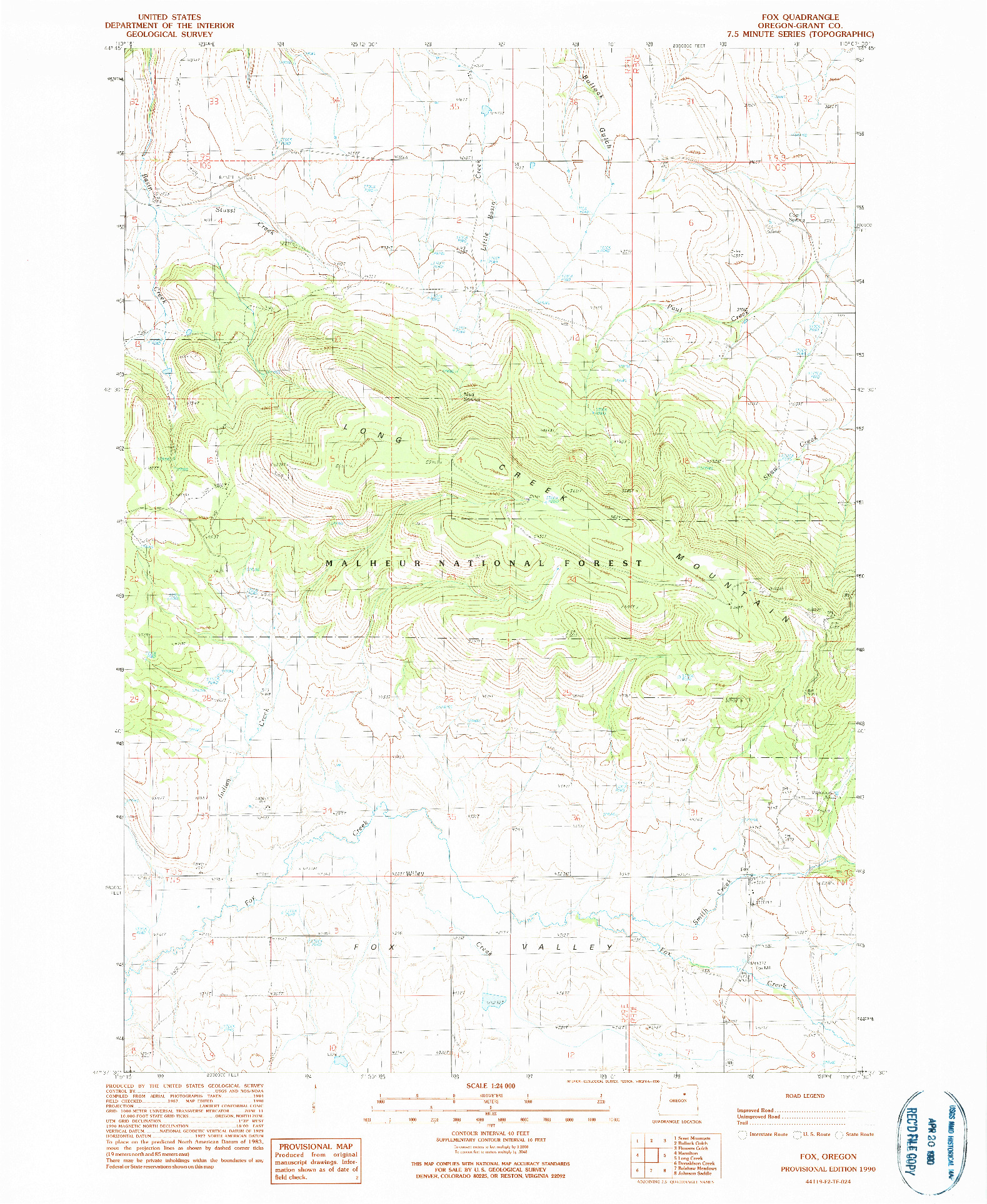USGS 1:24000-SCALE QUADRANGLE FOR FOX, OR 1990