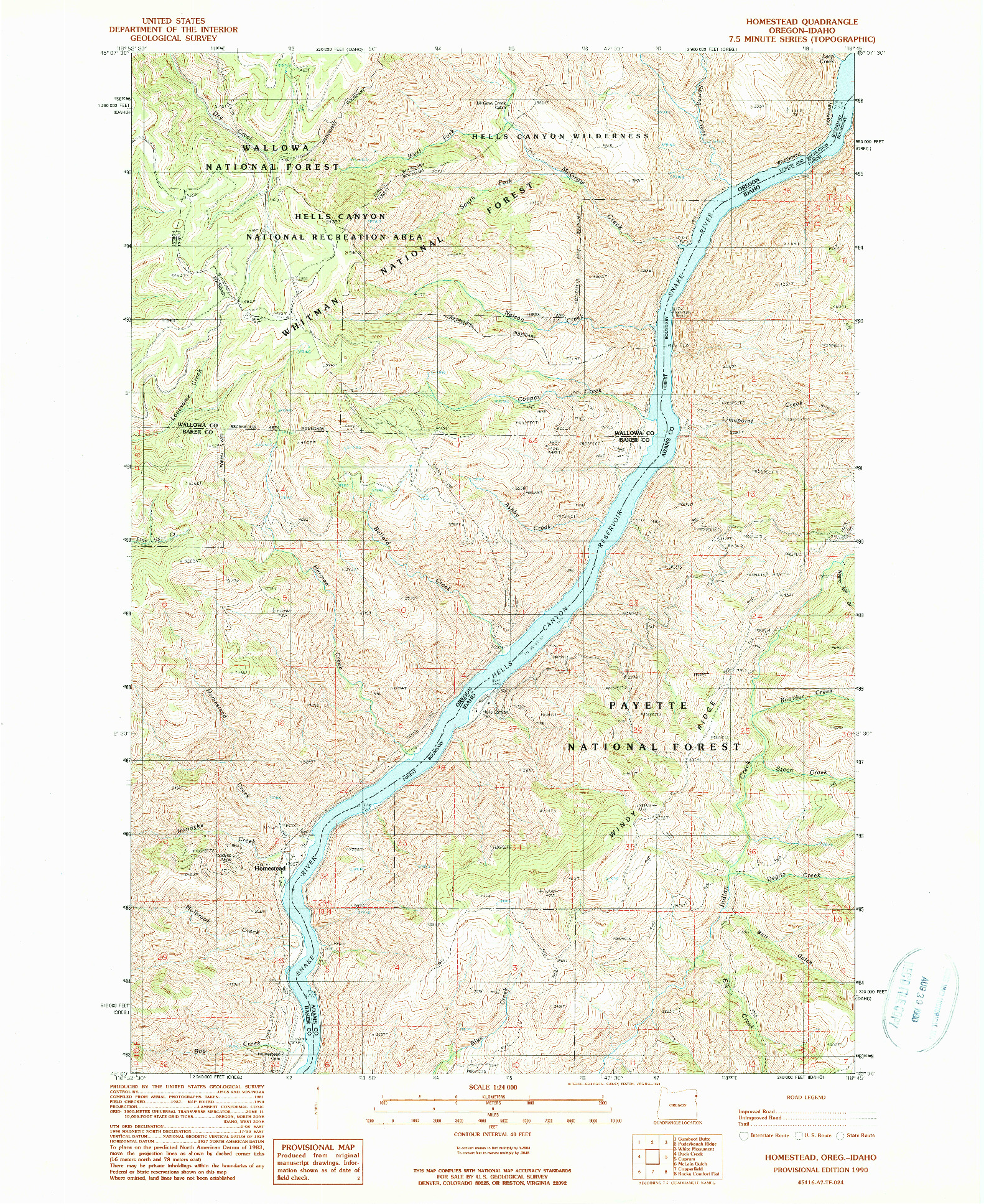 USGS 1:24000-SCALE QUADRANGLE FOR HOMESTEAD, OR 1990