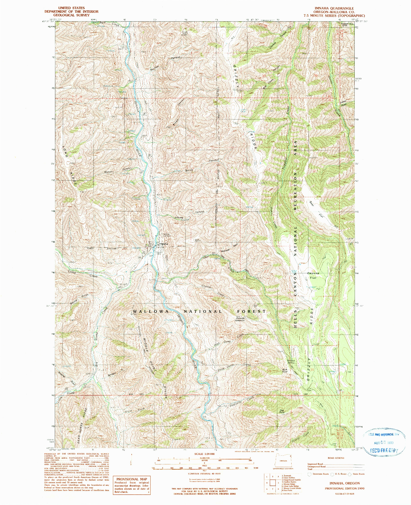USGS 1:24000-SCALE QUADRANGLE FOR IMNAHA, OR 1990