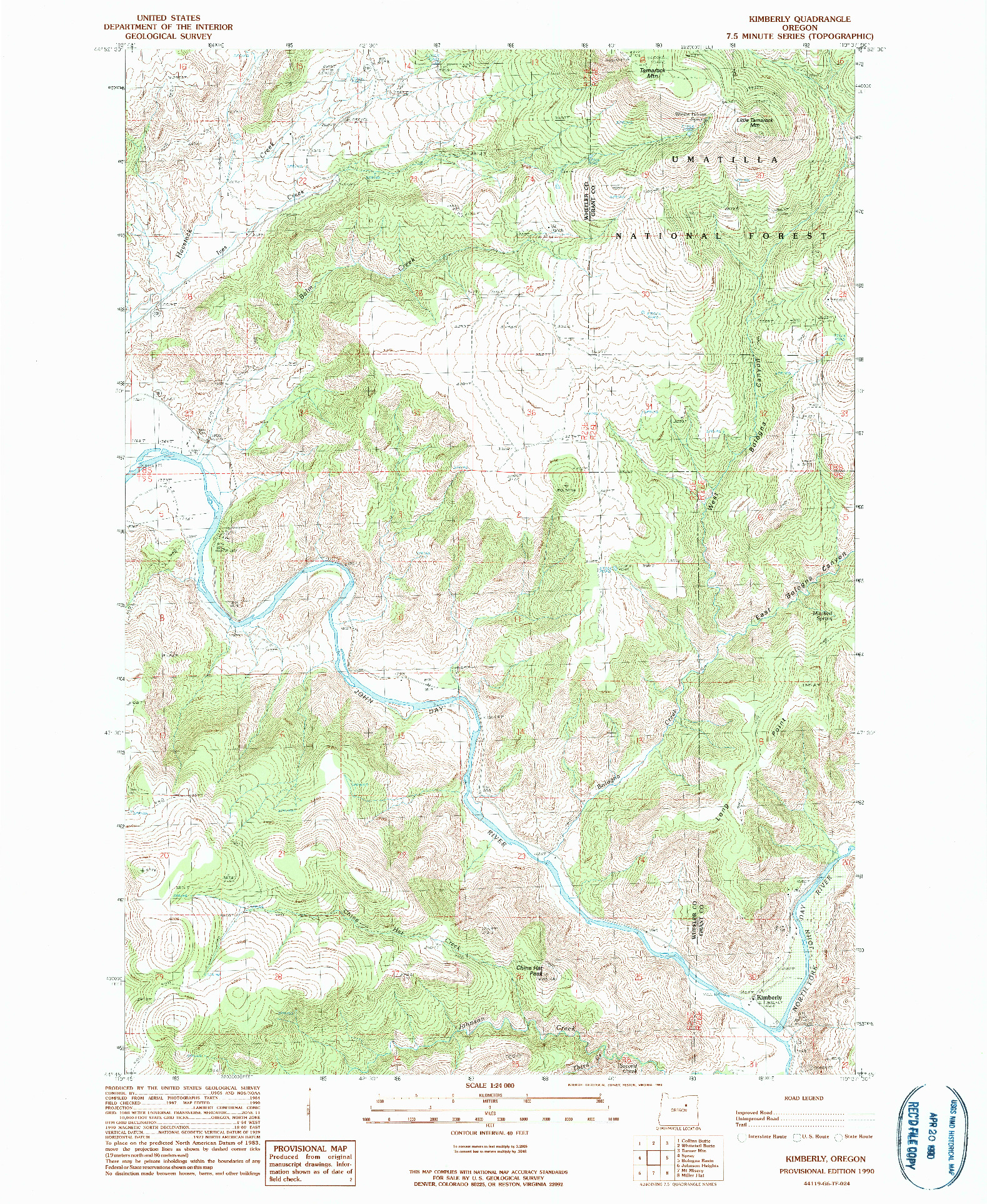 USGS 1:24000-SCALE QUADRANGLE FOR KIMBERLY, OR 1990