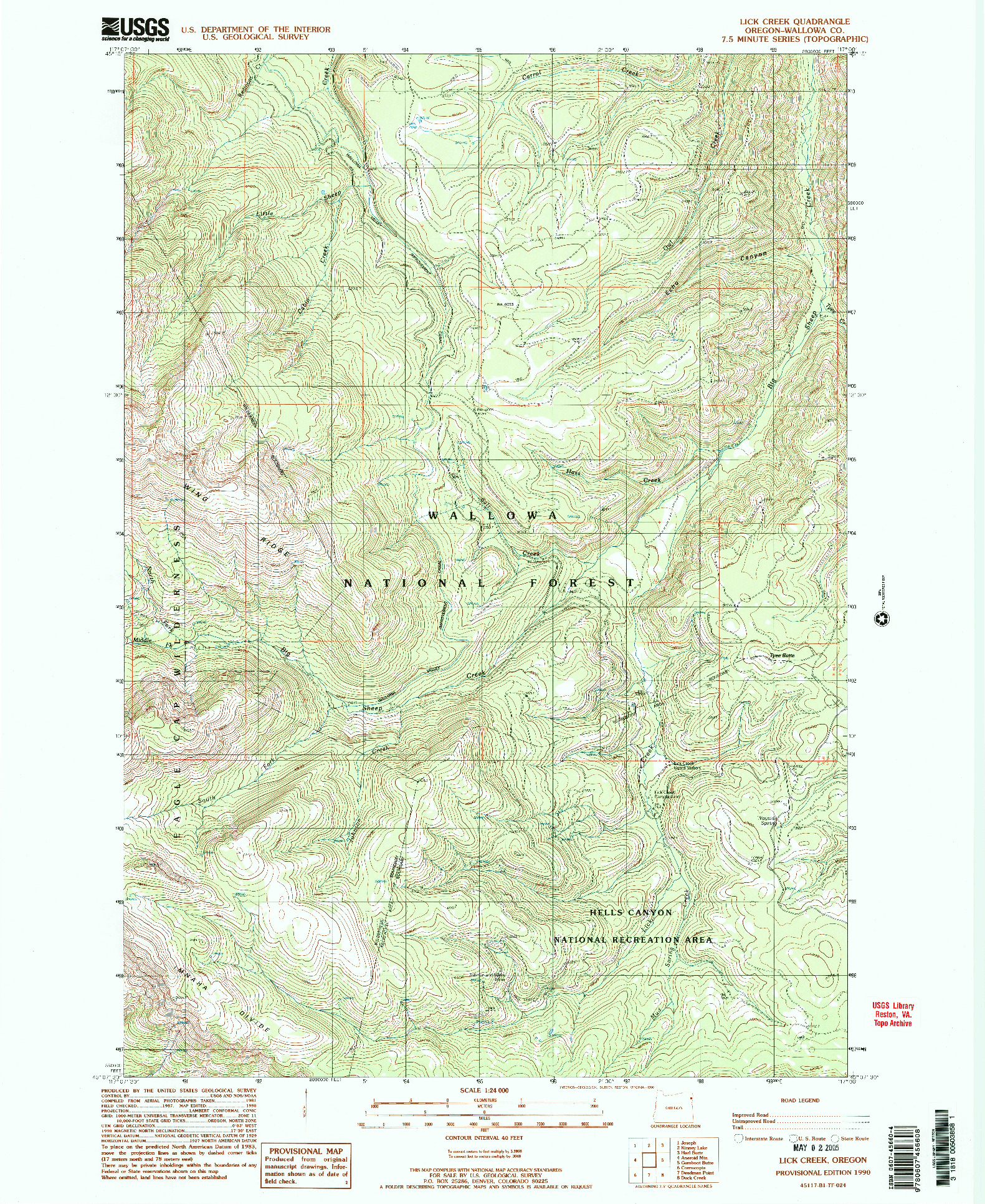 USGS 1:24000-SCALE QUADRANGLE FOR LICK CREEK, OR 1990