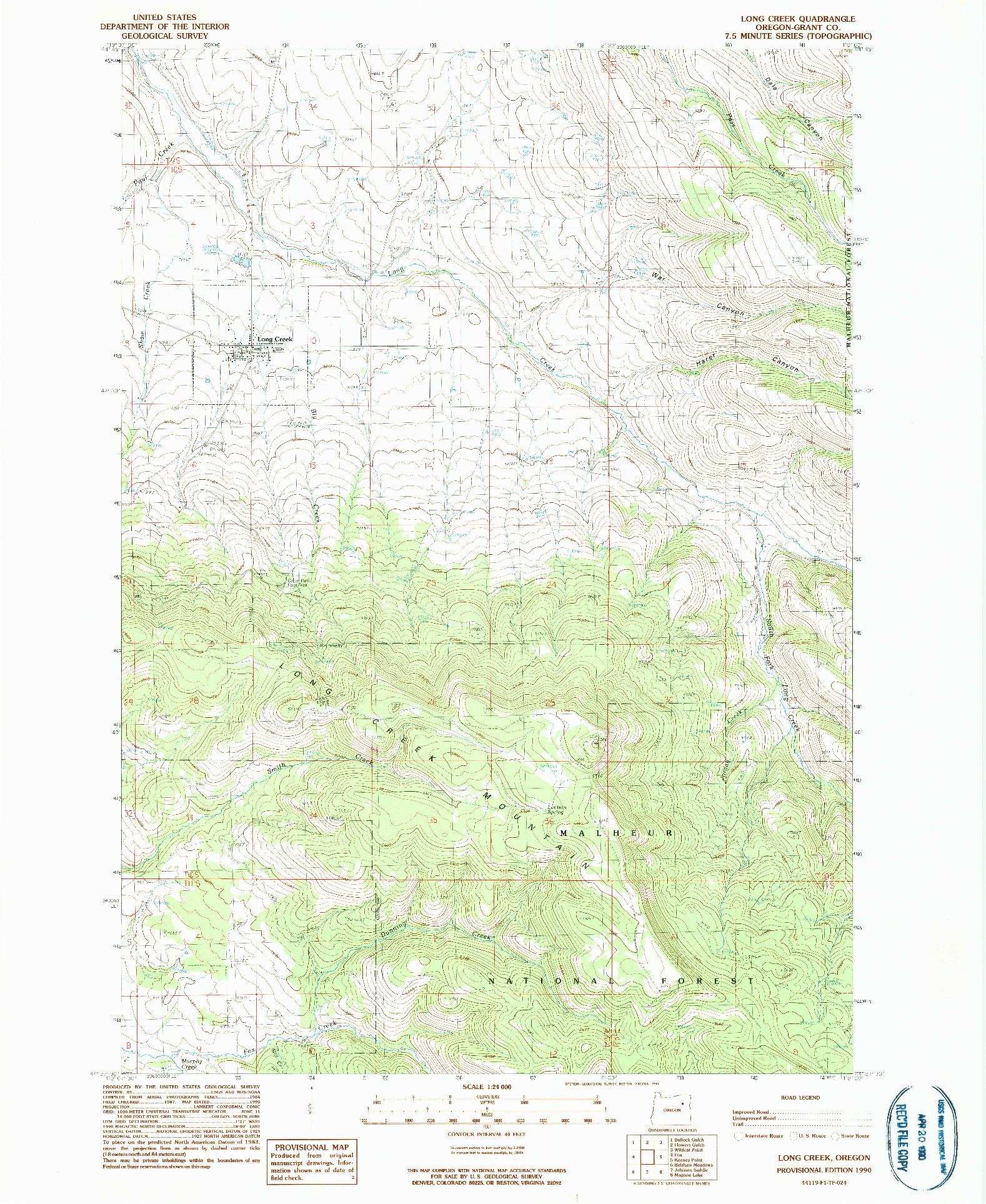 USGS 1:24000-SCALE QUADRANGLE FOR LONG CREEK, OR 1990