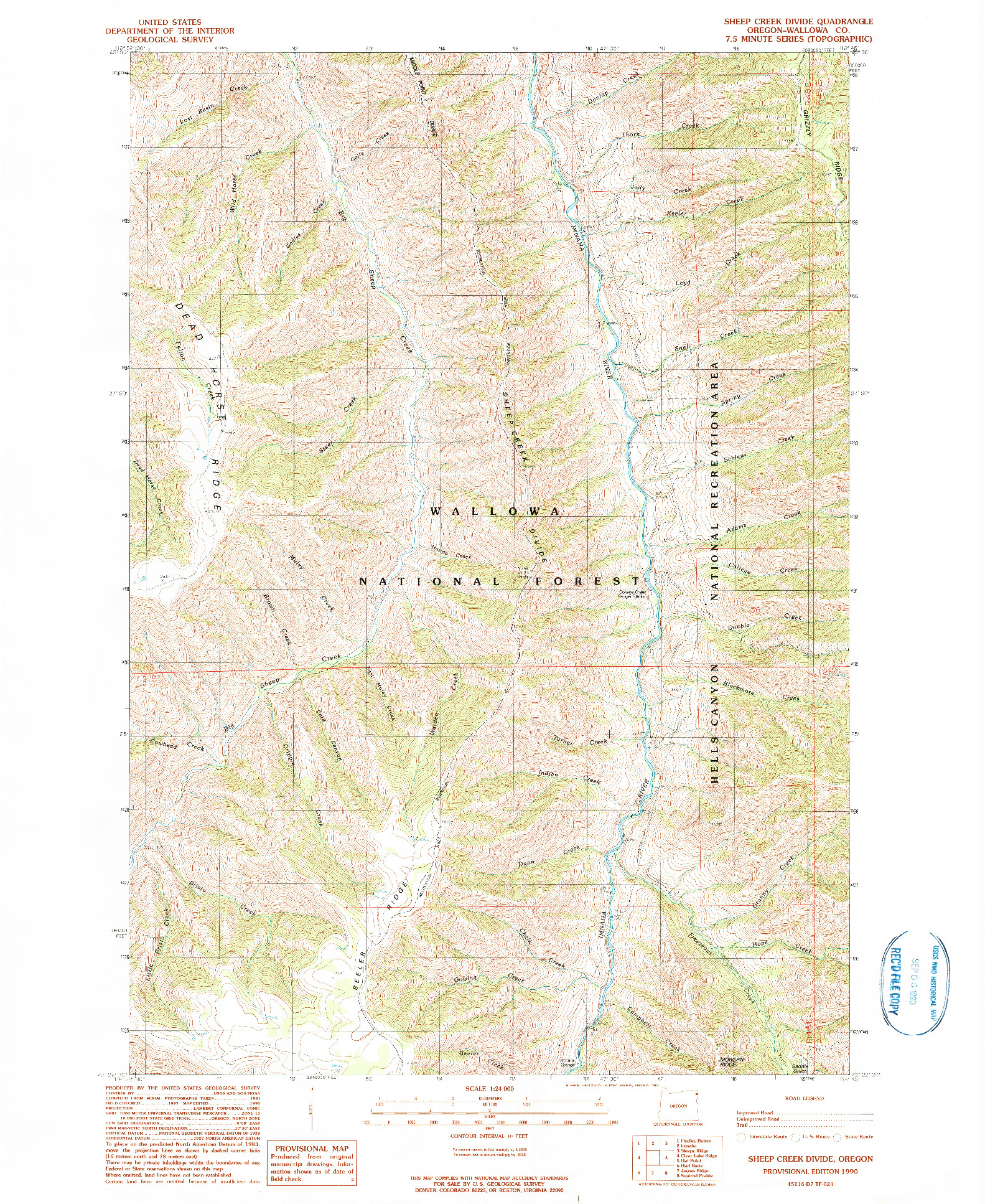 USGS 1:24000-SCALE QUADRANGLE FOR SHEEP CREEK DIVIDE, OR 1990