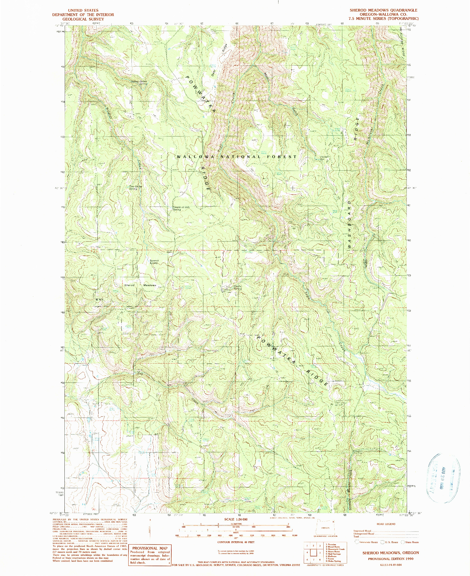 USGS 1:24000-SCALE QUADRANGLE FOR SHEROD MEADOWS, OR 1990