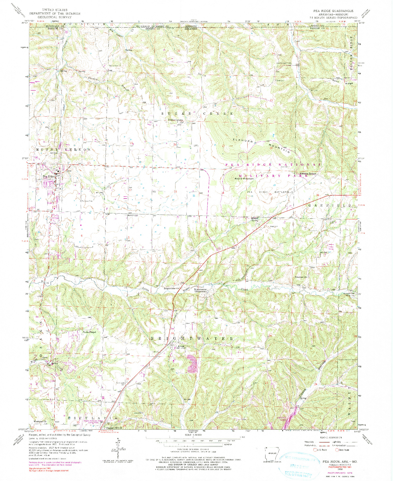 USGS 1:24000-SCALE QUADRANGLE FOR PEA RIDGE, AR 1958