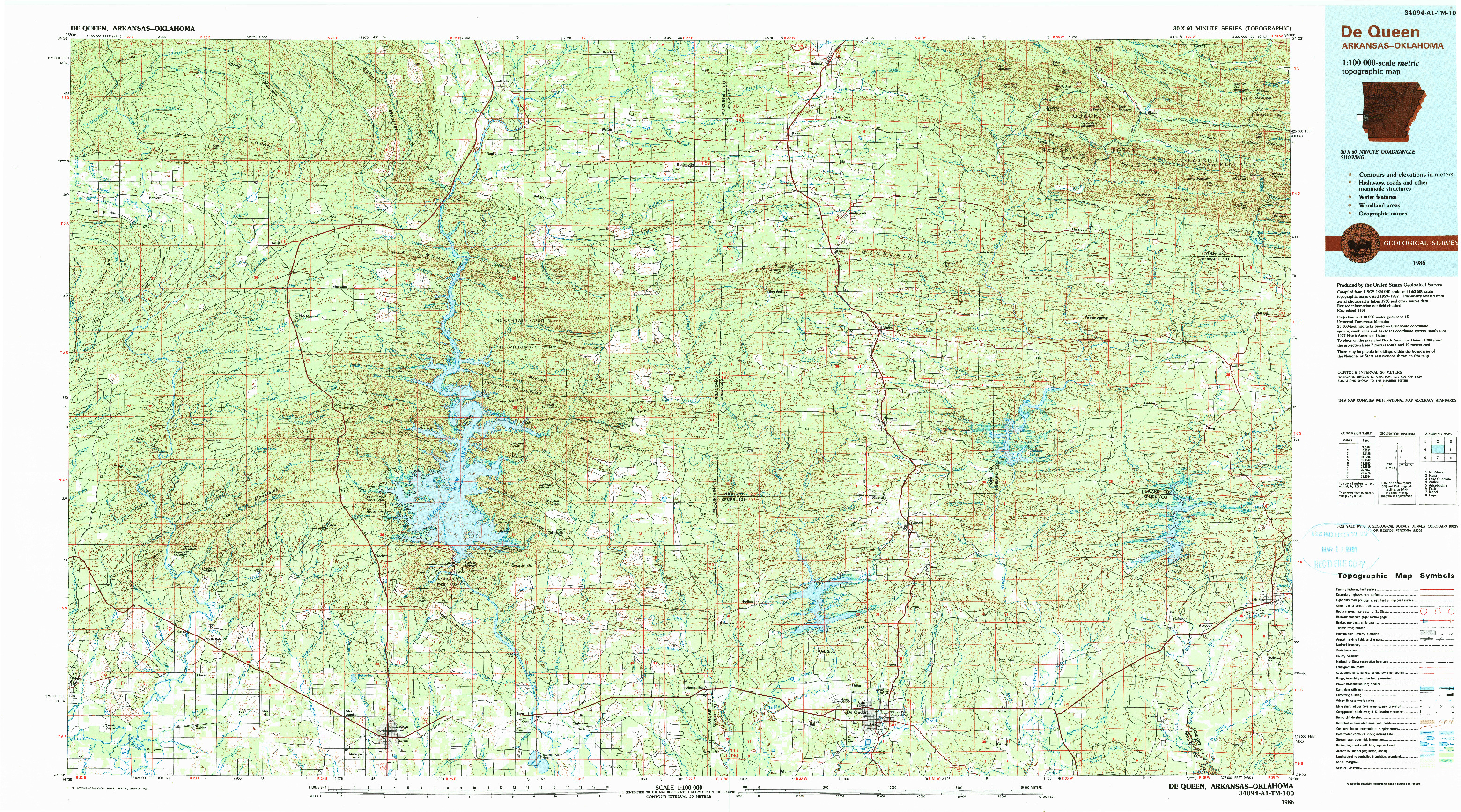 USGS 1:100000-SCALE QUADRANGLE FOR DE QUEEN, AR 1986