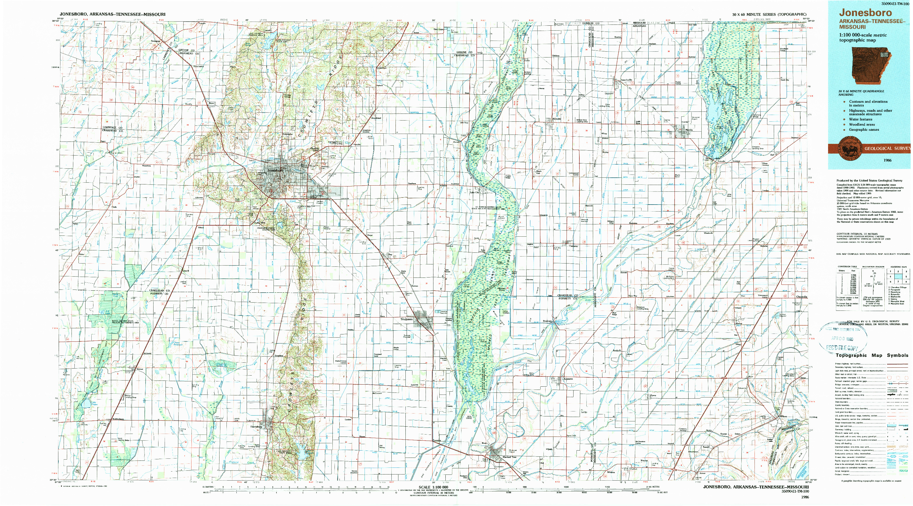 USGS 1:100000-SCALE QUADRANGLE FOR JONESBORO, AR 1986