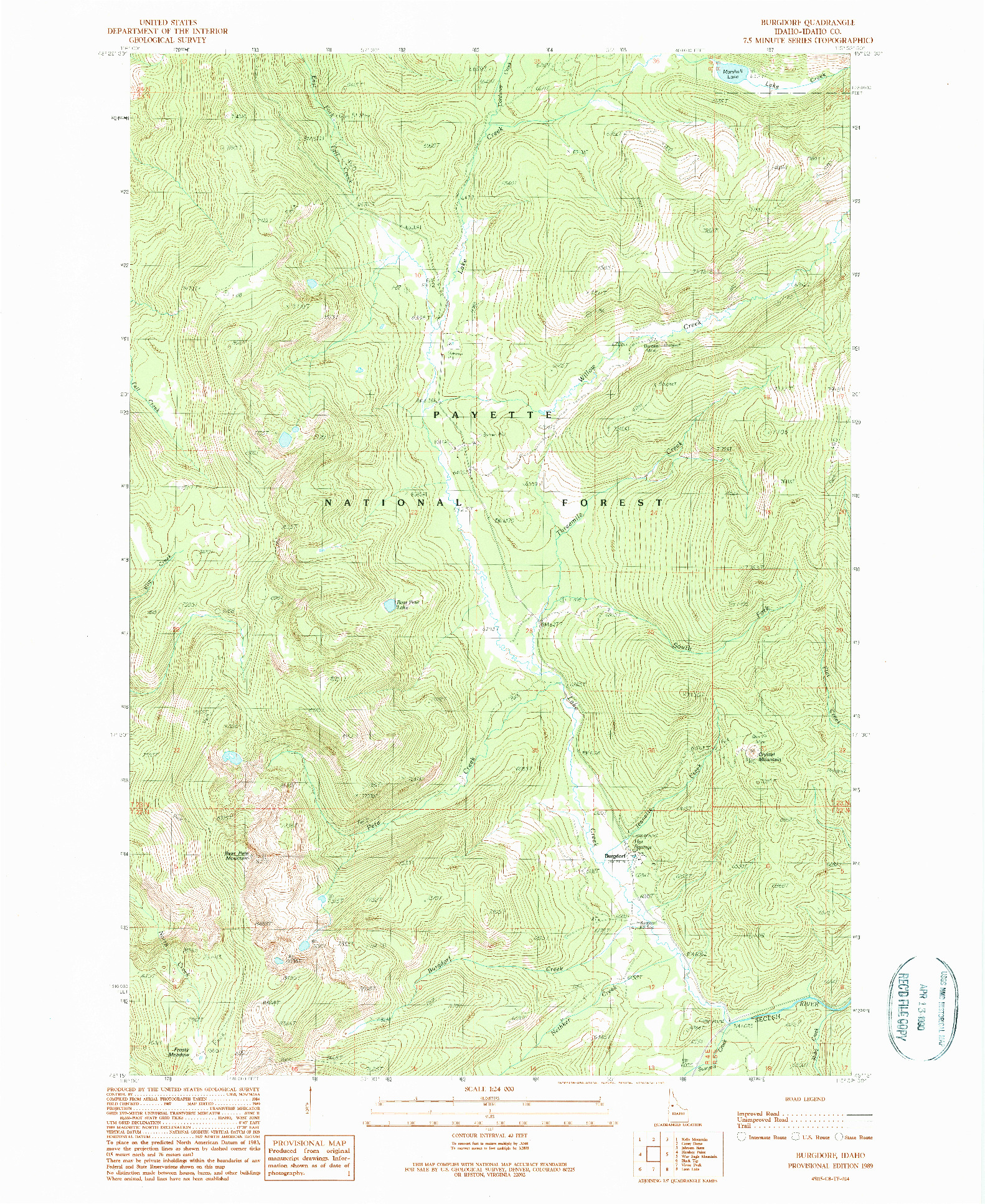 USGS 1:24000-SCALE QUADRANGLE FOR BURGDORF, ID 1989