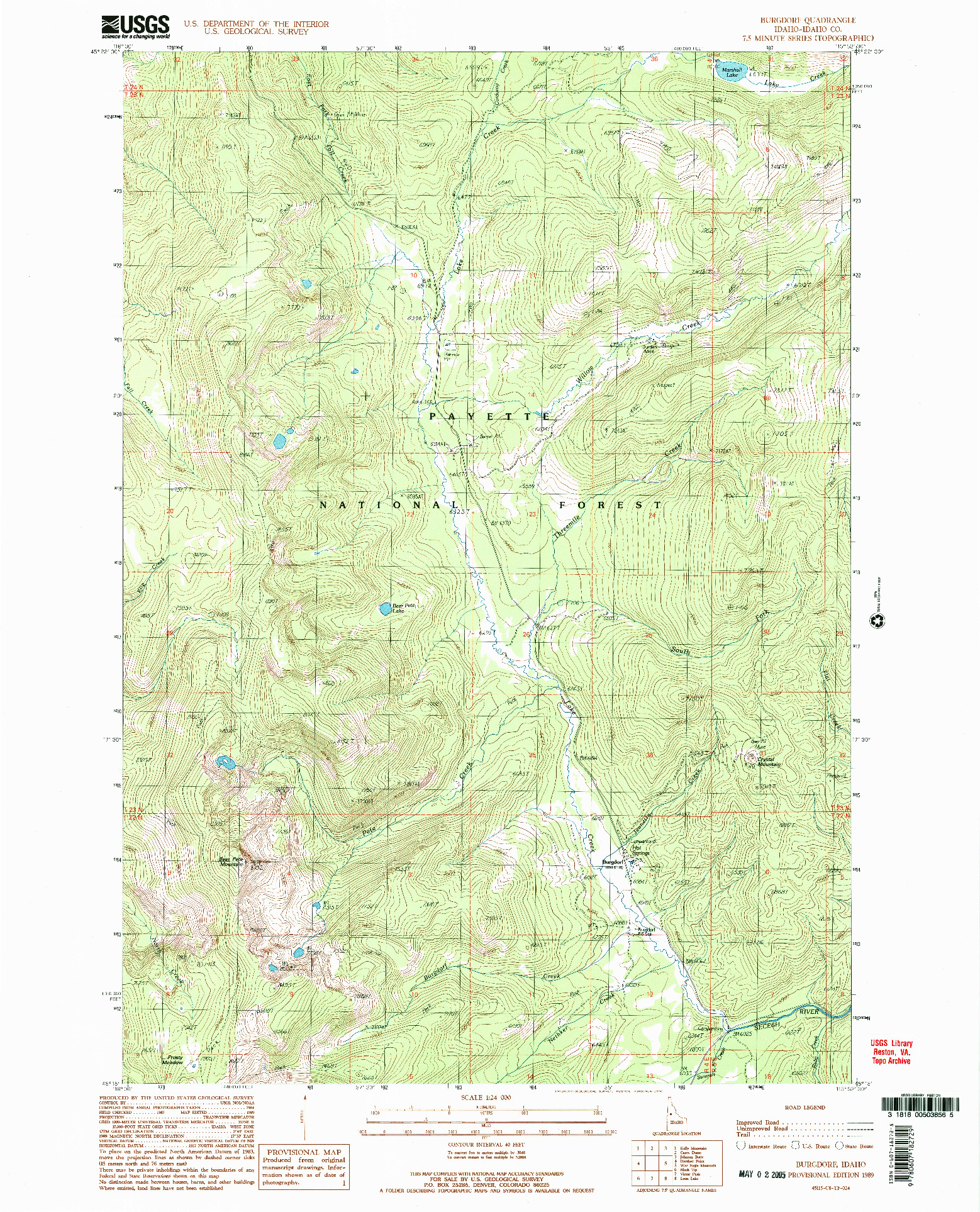 USGS 1:24000-SCALE QUADRANGLE FOR BURGDORF, ID 1989