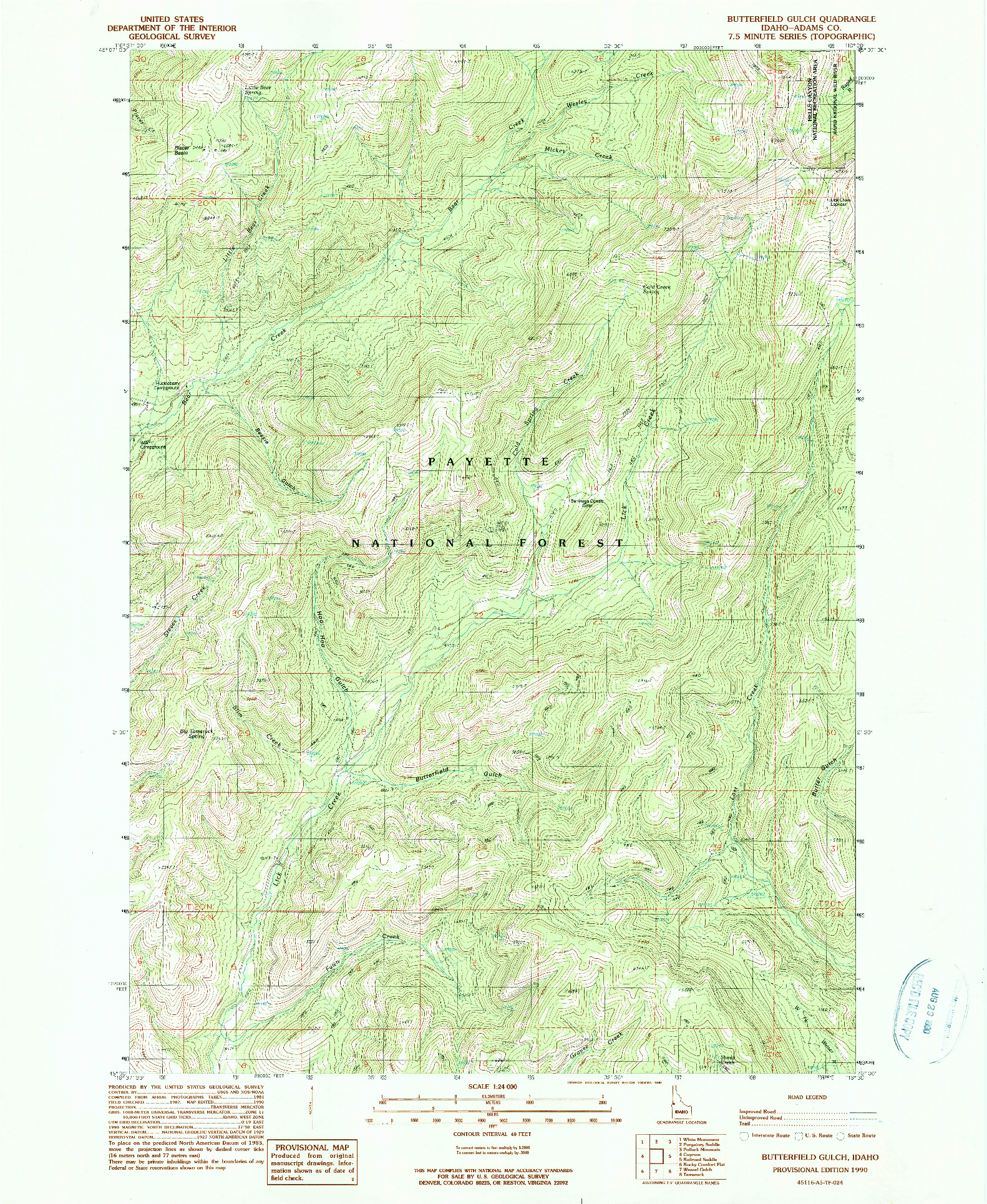 USGS 1:24000-SCALE QUADRANGLE FOR BUTTERFIELD GULCH, ID 1990