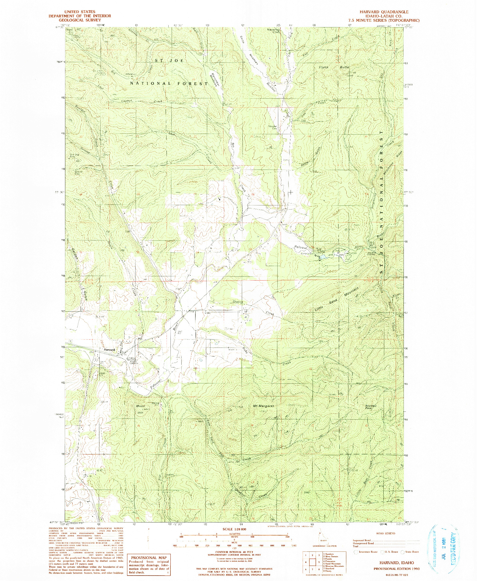 USGS 1:24000-SCALE QUADRANGLE FOR HARVARD, ID 1990