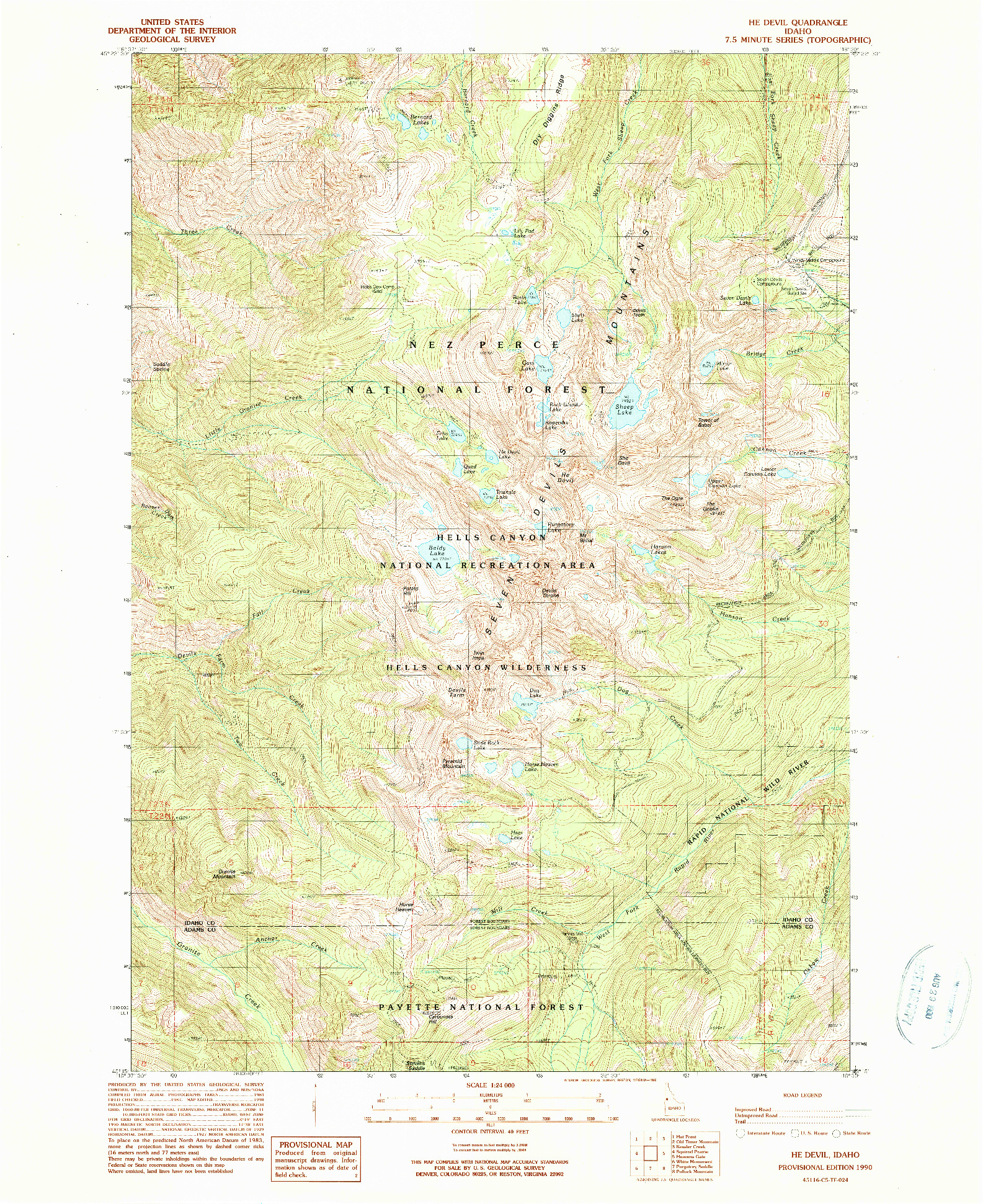 USGS 1:24000-SCALE QUADRANGLE FOR HE DEVIL, ID 1990