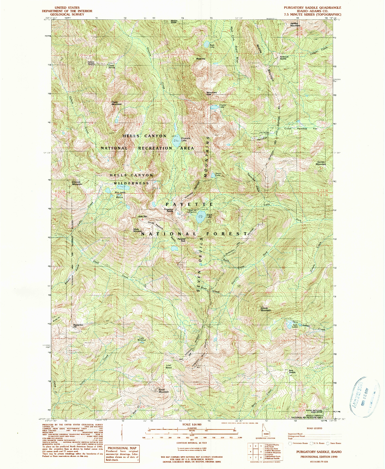 USGS 1:24000-SCALE QUADRANGLE FOR PURGATORY SADDLE, ID 1990