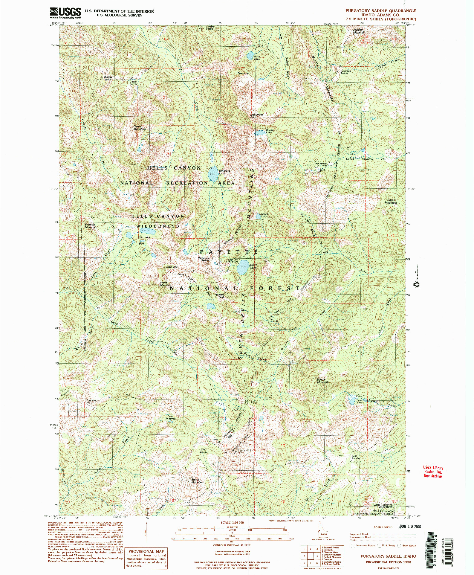 USGS 1:24000-SCALE QUADRANGLE FOR PURGATORY SADDLE, ID 1990