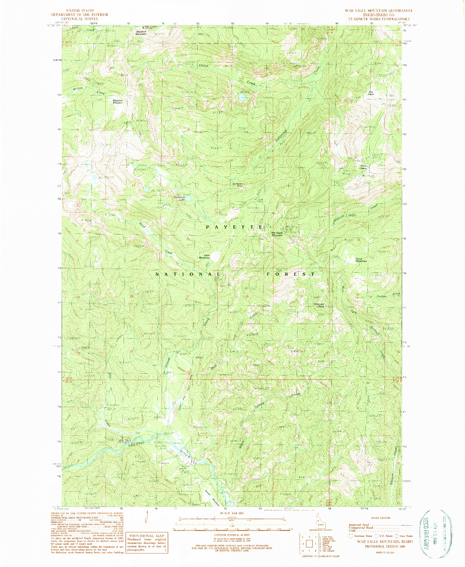 USGS 1:24000-SCALE QUADRANGLE FOR WAR EAGLE MOUNTAIN, ID 1989