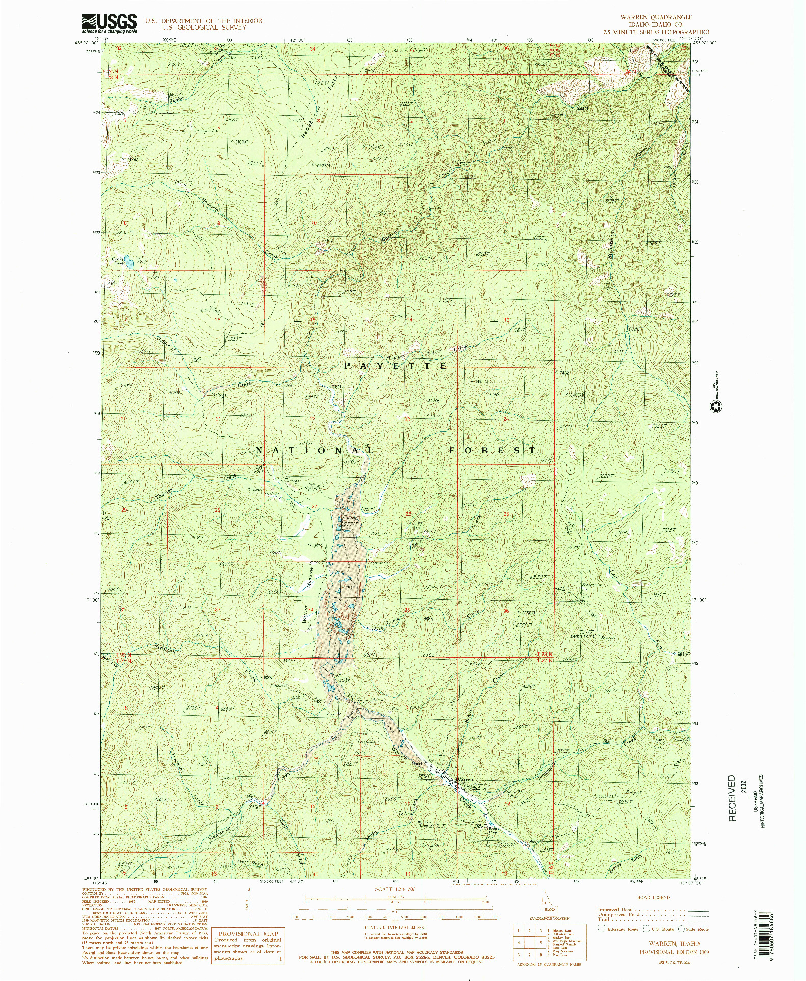 USGS 1:24000-SCALE QUADRANGLE FOR WARREN, ID 1989