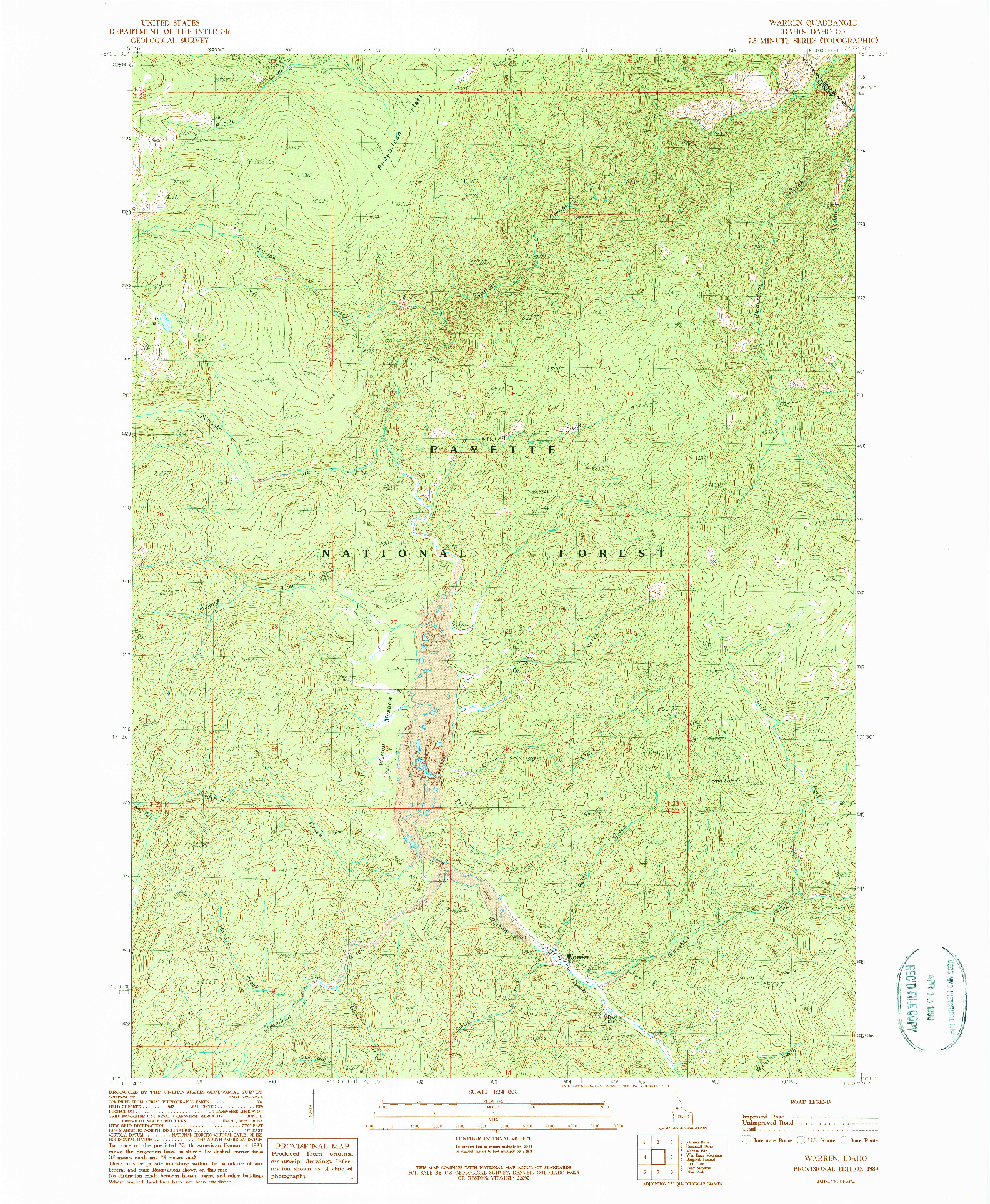 USGS 1:24000-SCALE QUADRANGLE FOR WARREN, ID 1989