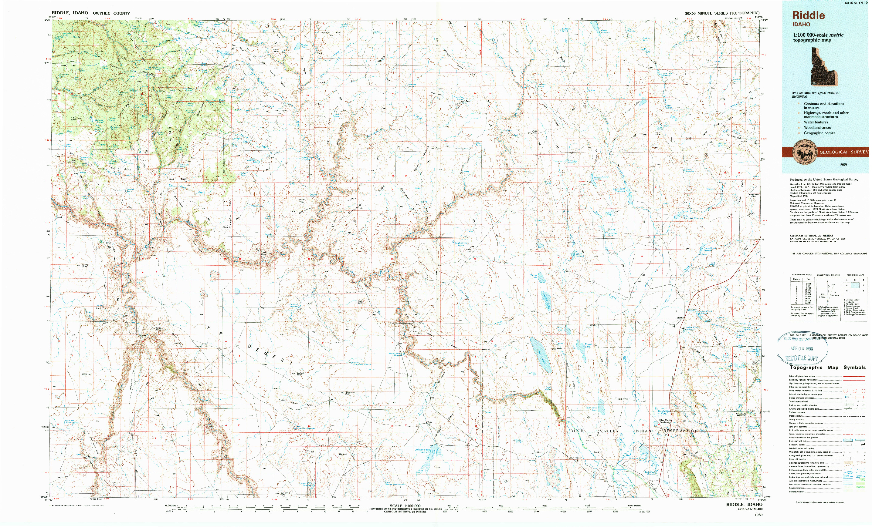 USGS 1:100000-SCALE QUADRANGLE FOR RIDDLE, ID 1989