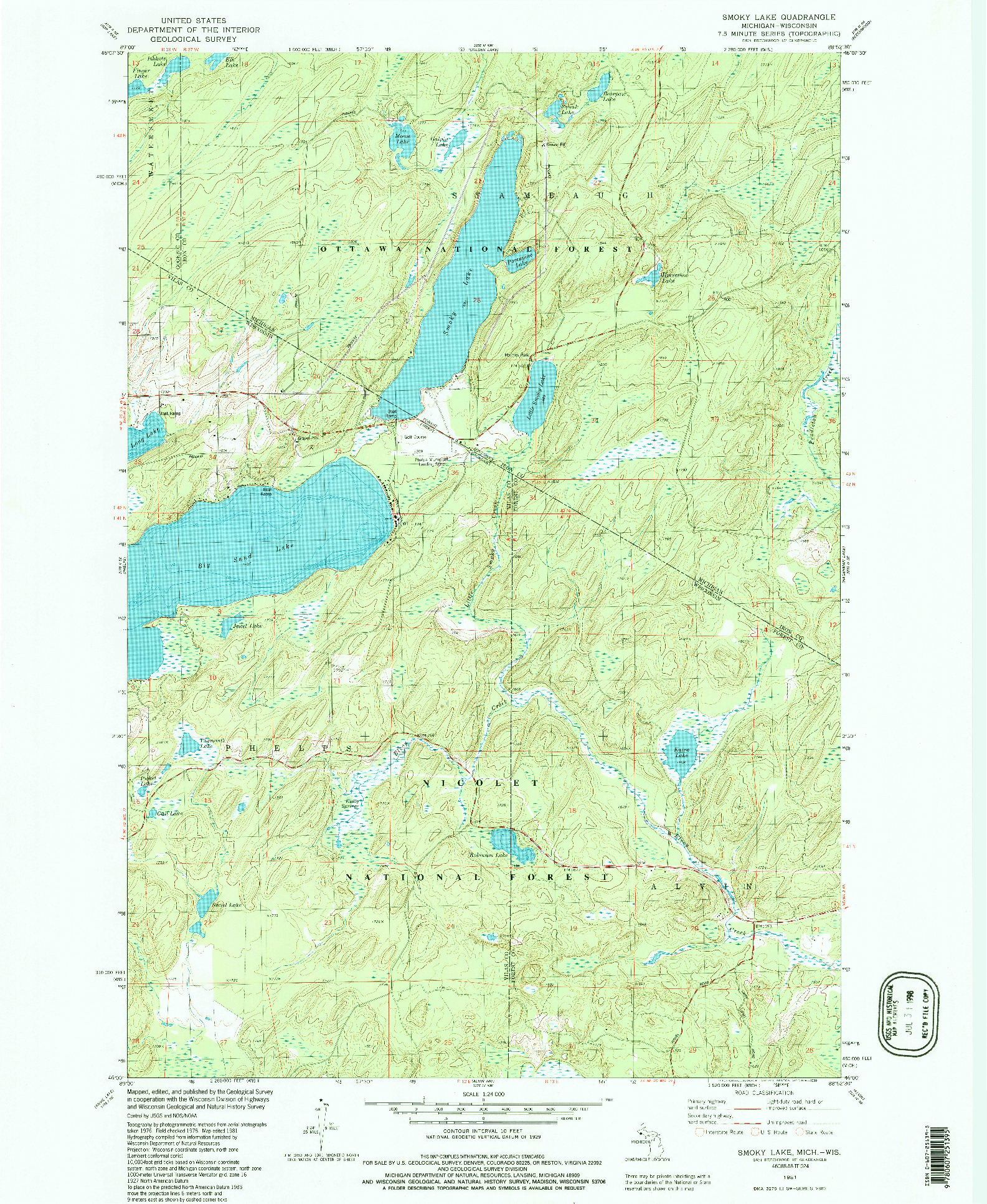 USGS 1:24000-SCALE QUADRANGLE FOR SMOKY LAKE, MI 1981