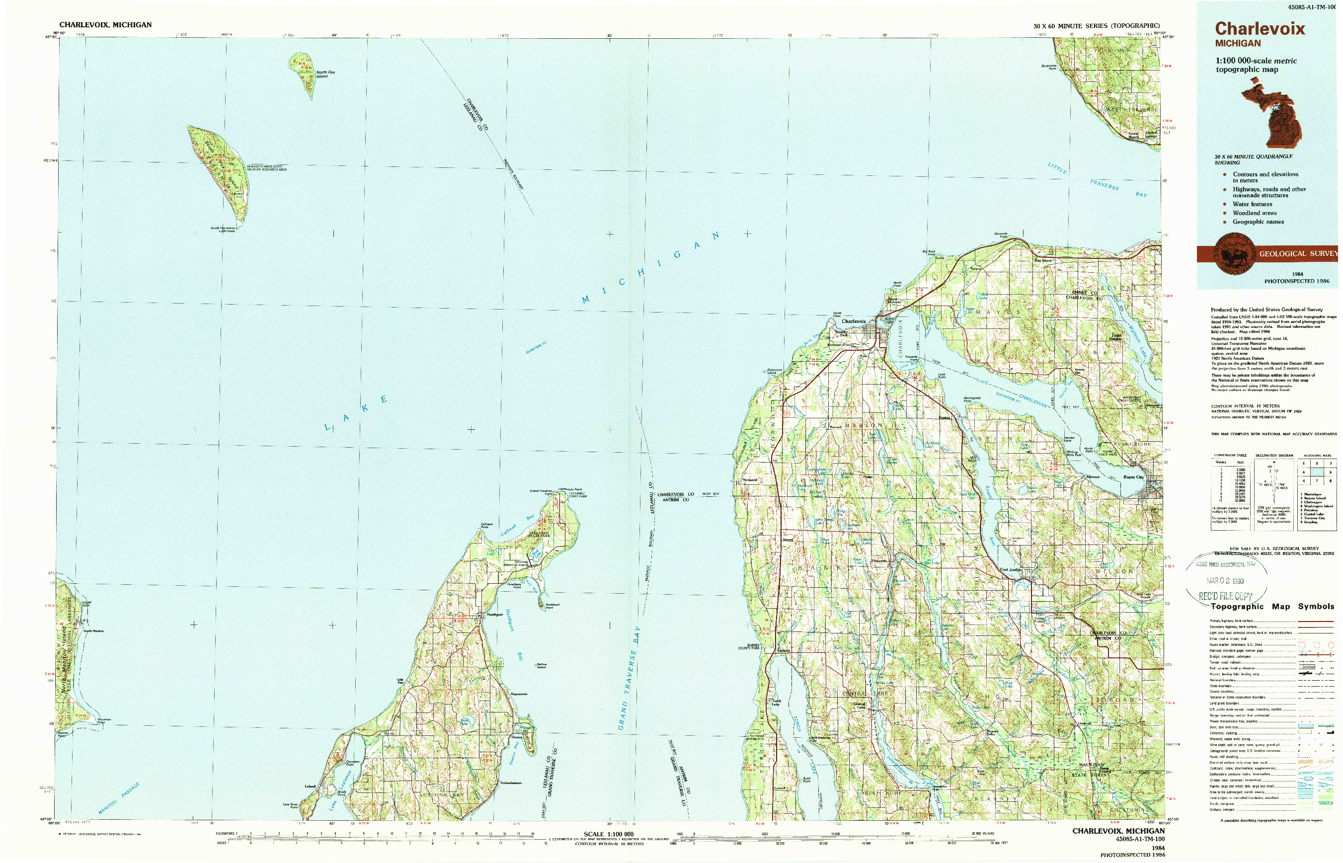 USGS 1:100000-SCALE QUADRANGLE FOR CHARLEVOIX, MI 1984