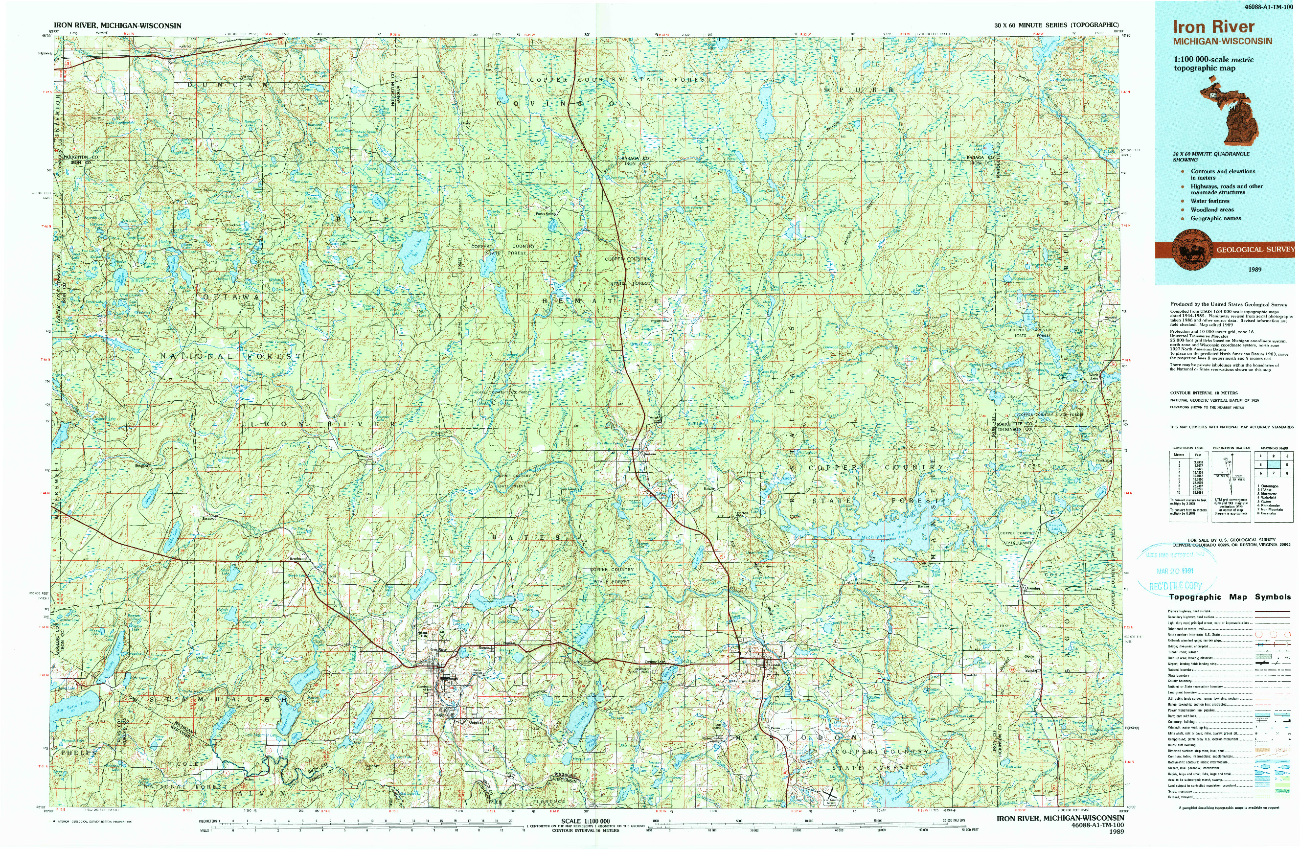 USGS 1:100000-SCALE QUADRANGLE FOR IRON RIVER, MI 1989