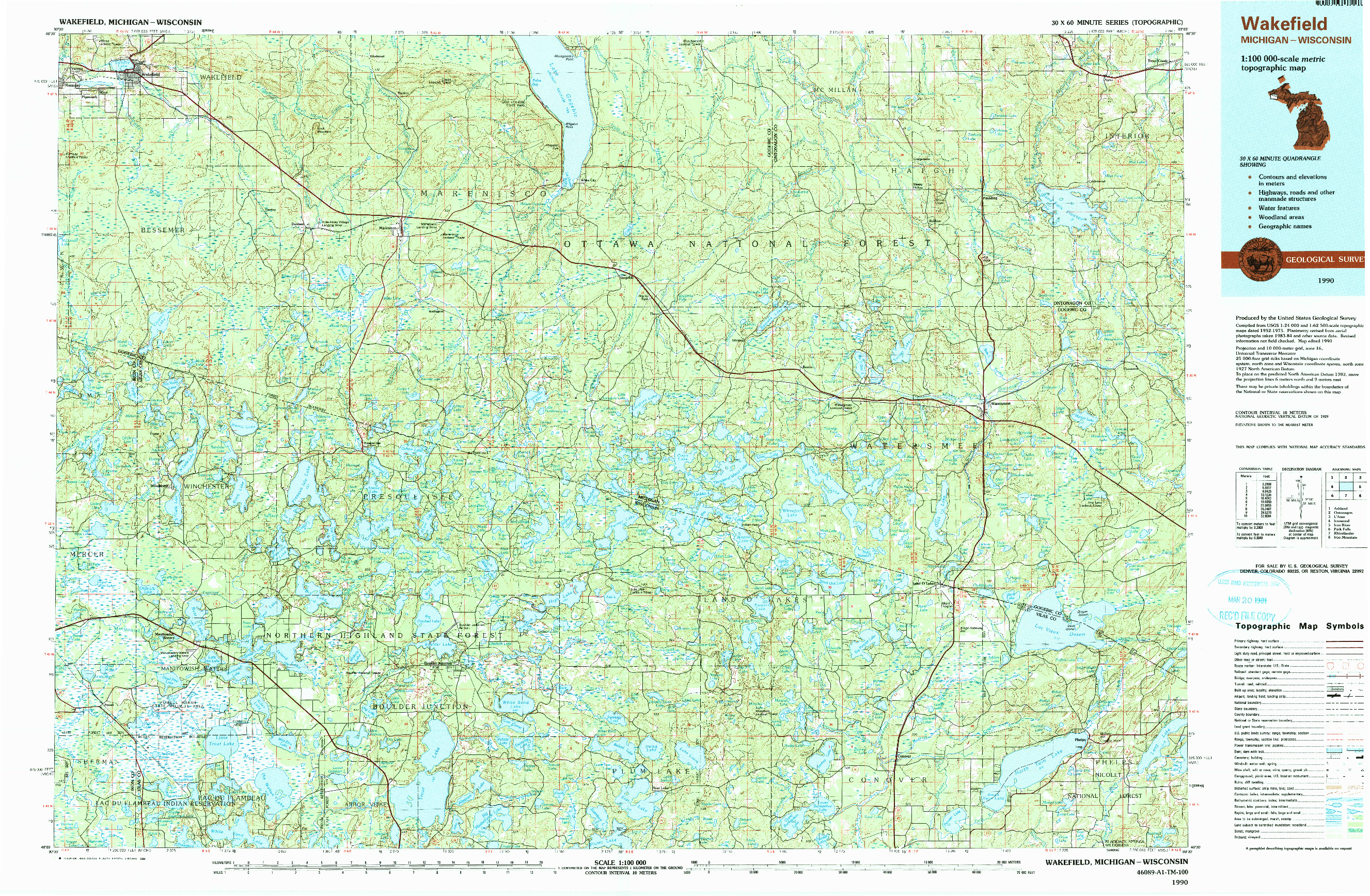 USGS 1:100000-SCALE QUADRANGLE FOR WAKEFIELD, MI 1990