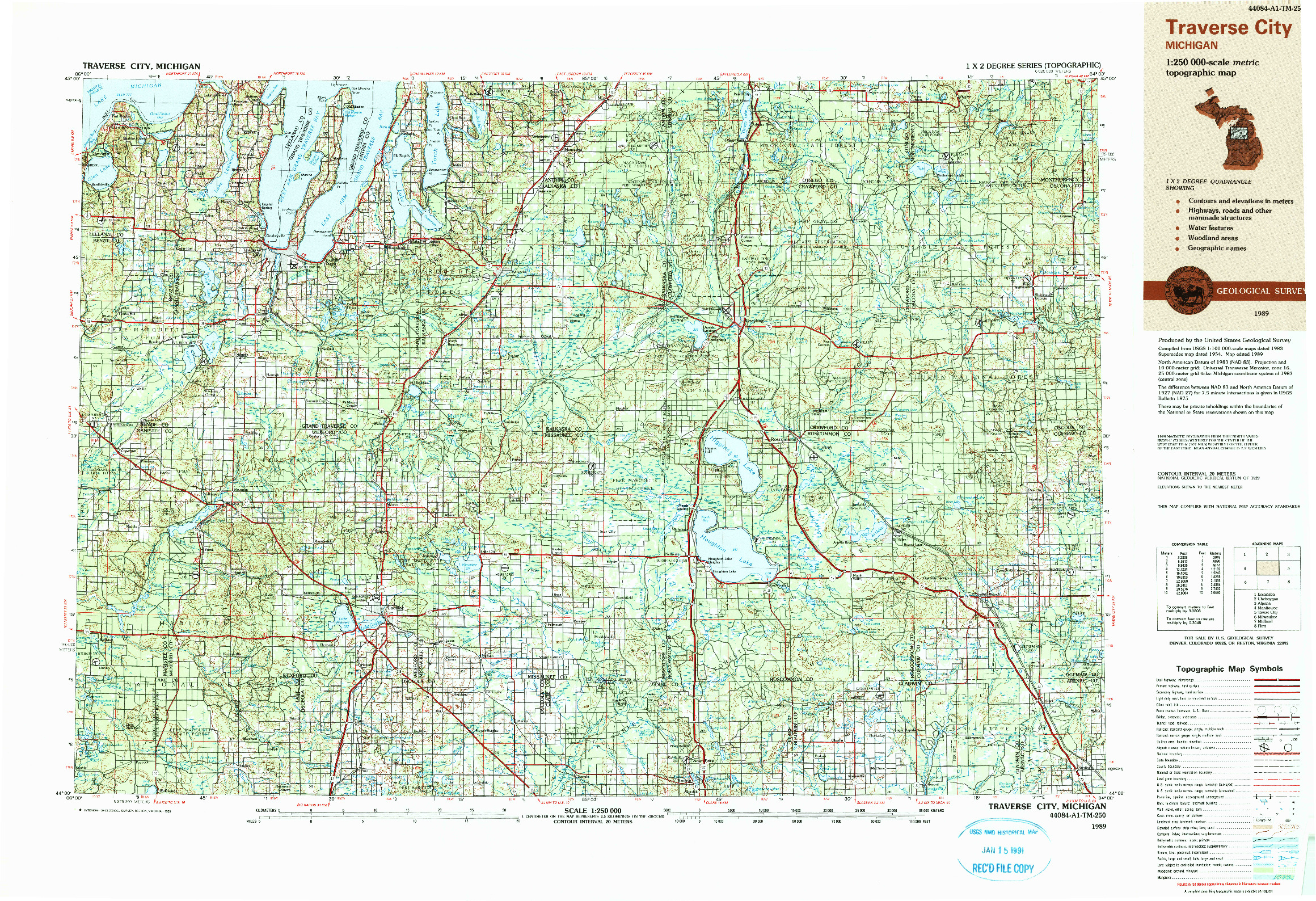 USGS 1:250000-SCALE QUADRANGLE FOR TRAVERSE CITY, MI 1989