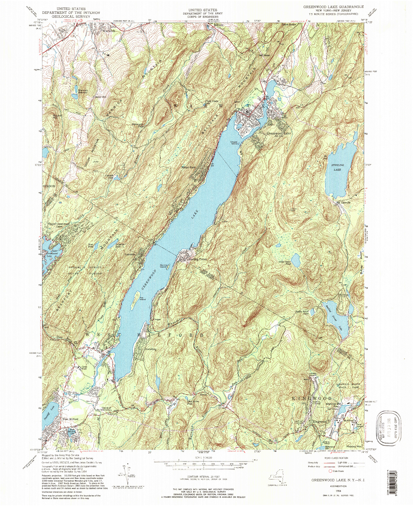 USGS 1:24000-SCALE QUADRANGLE FOR GREENWOOD LAKE, NY 1954