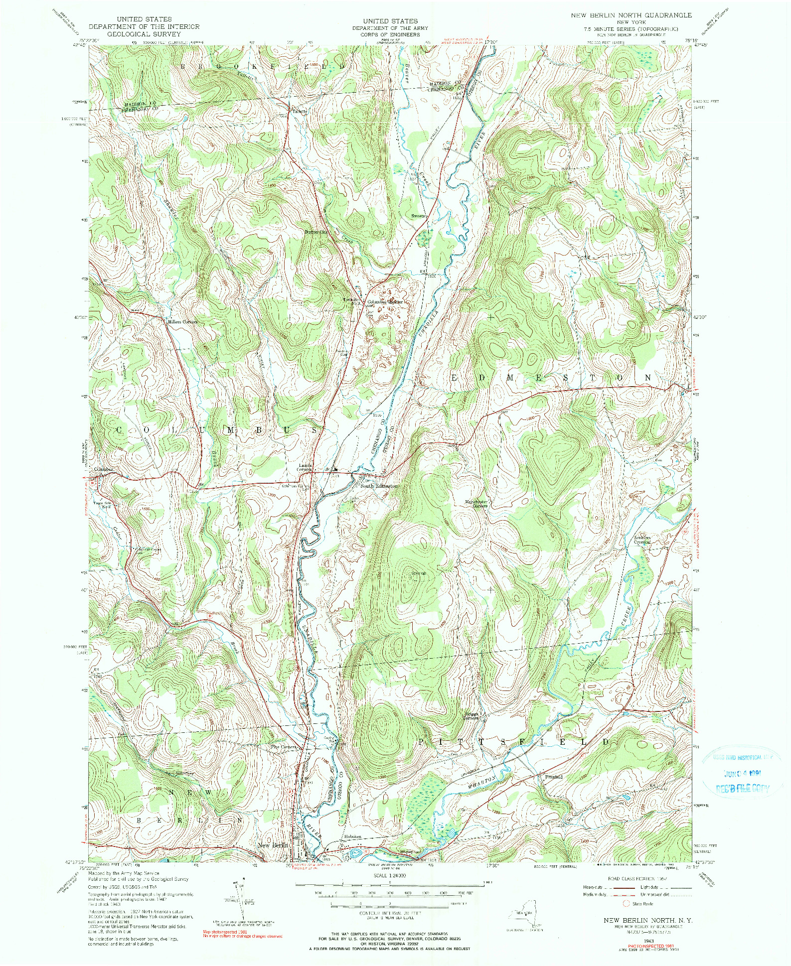 USGS 1:24000-SCALE QUADRANGLE FOR NEW BERLIN NORTH, NY 1943