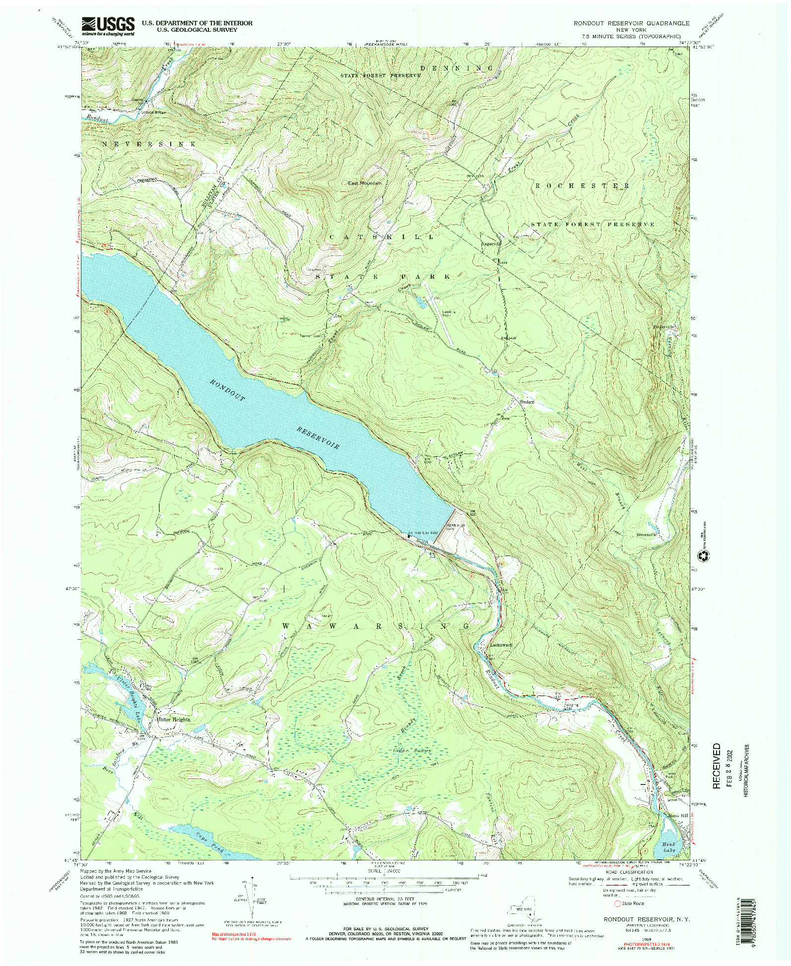USGS 1:24000-SCALE QUADRANGLE FOR RONDOUT RESERVIOR, NY 1969