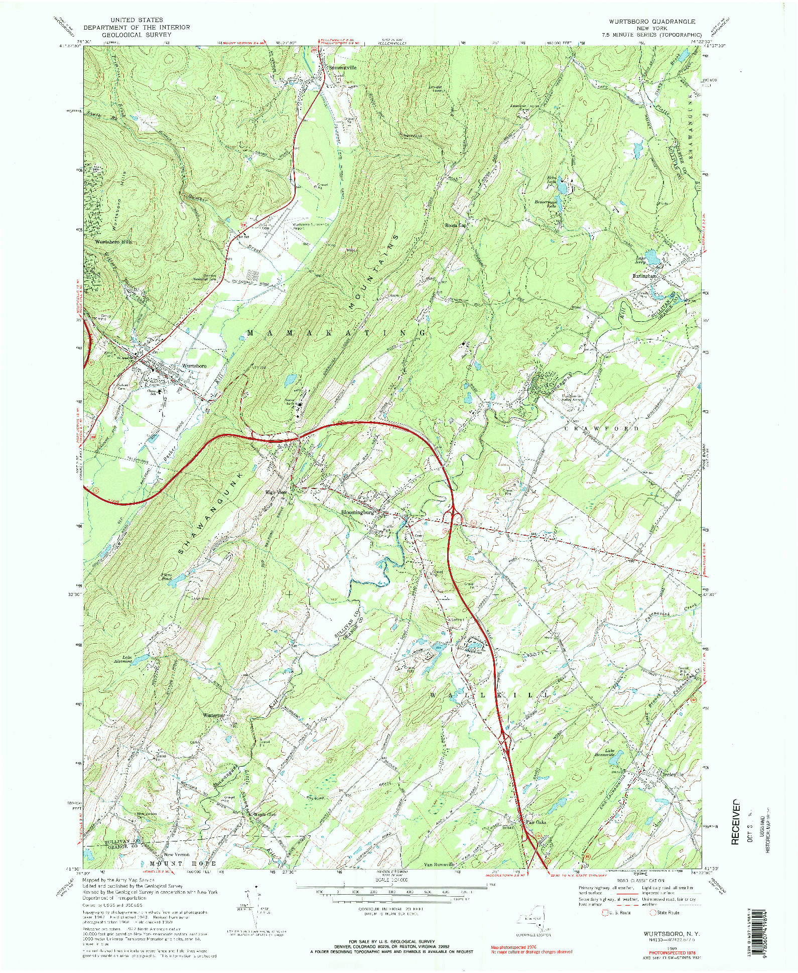 USGS 1:24000-SCALE QUADRANGLE FOR WURTSBORO, NY 1969